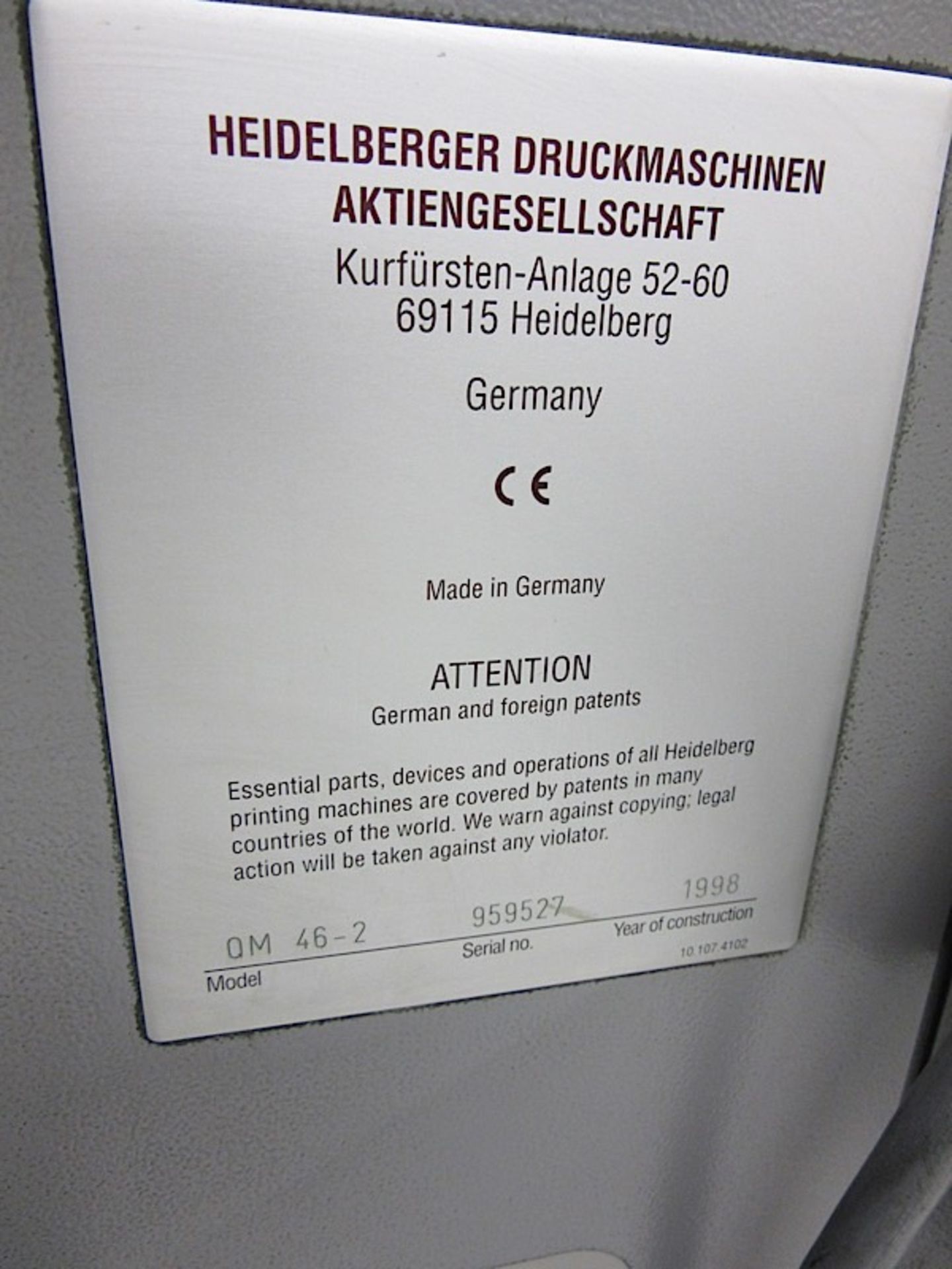 HEIDELBERG (OM-46-2) 2 COLOR OFFSET PRESS - Image 6 of 9