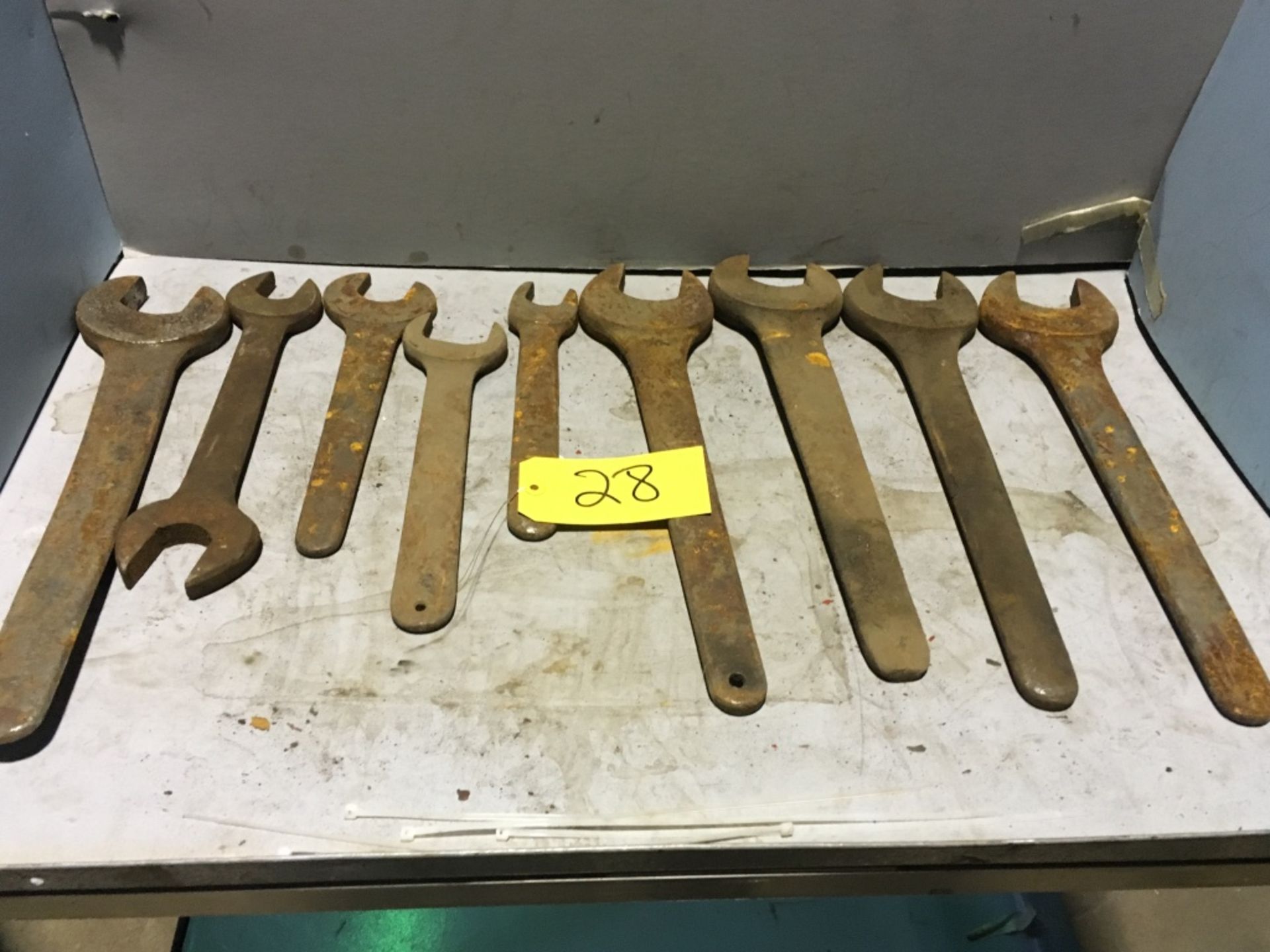 Approximately (9) open end wrenches, heavy duty type.