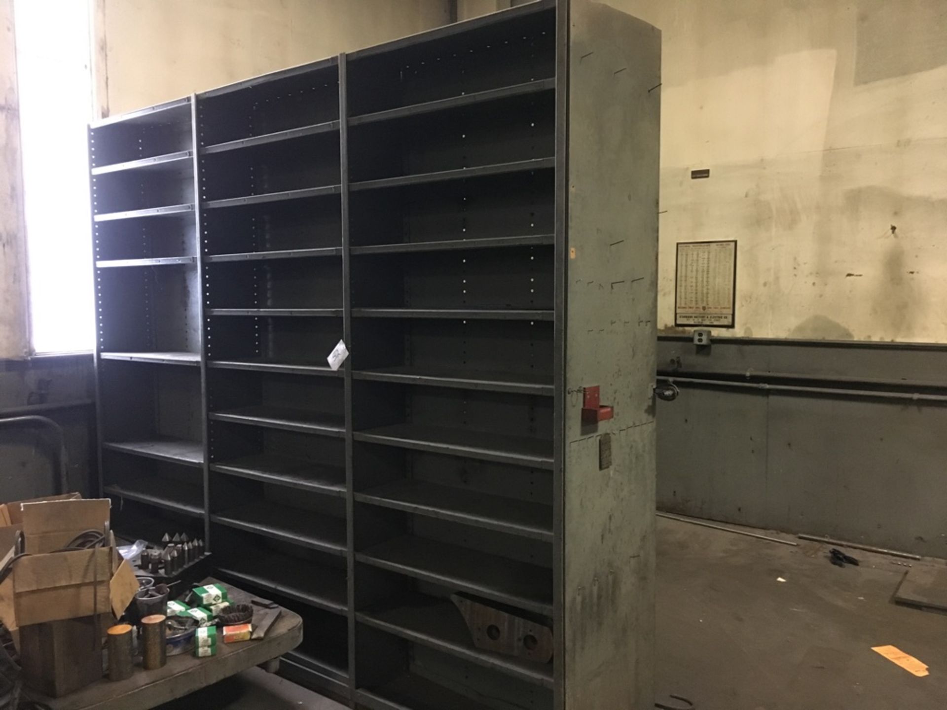 One section of parts storage shelving