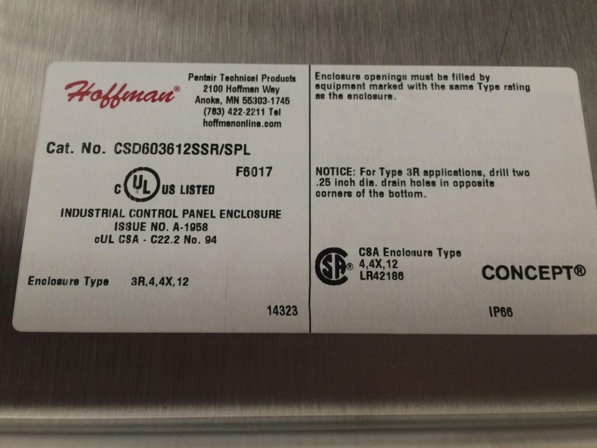 Hoffman Stainless Steel Control Panel Enclosure. Cat. No. CSD603612SSR/SPL Specifications Product Ty - Image 8 of 14