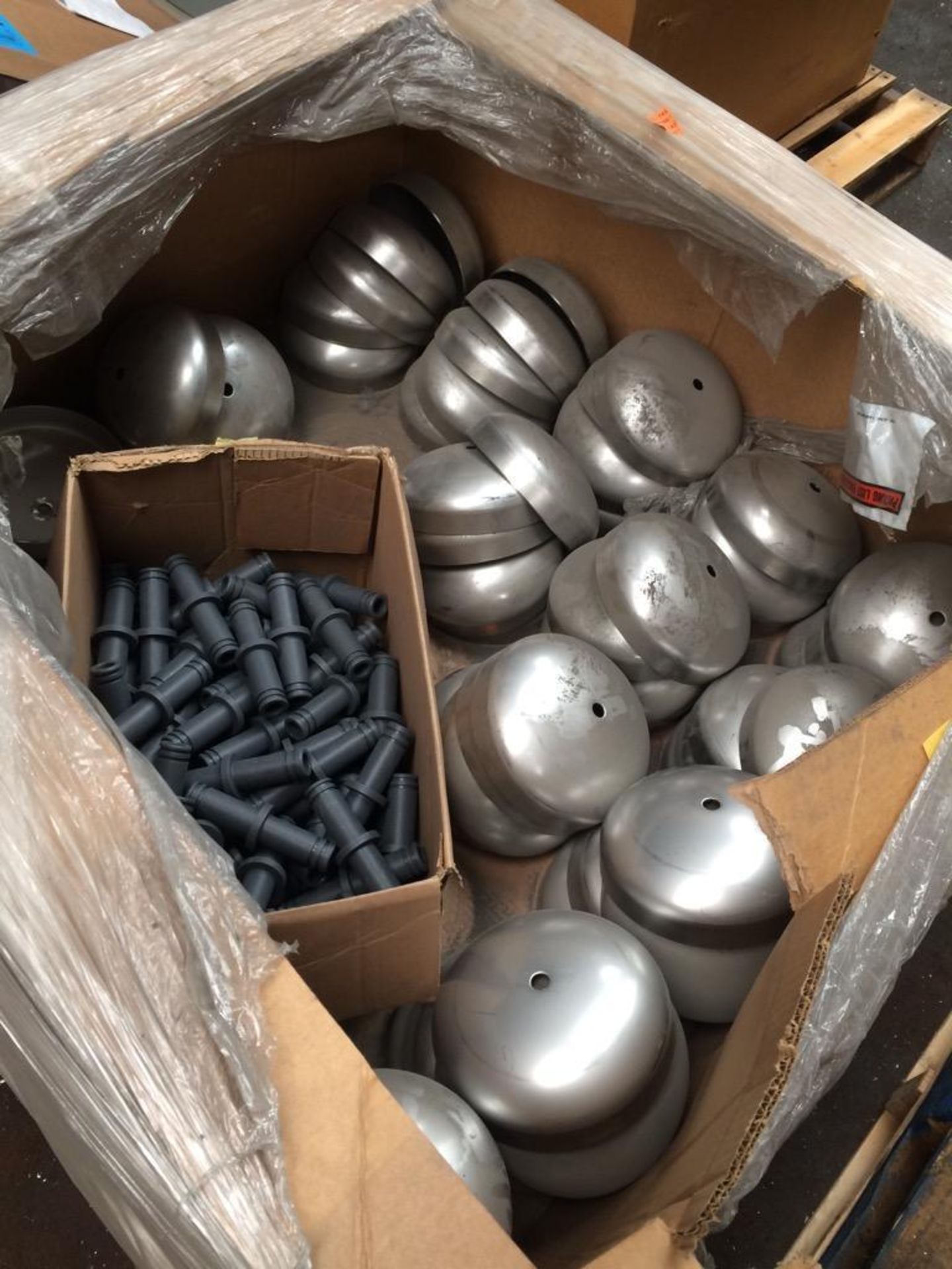 Approx (70) 8" stainless steel end caps and box of plastic parts