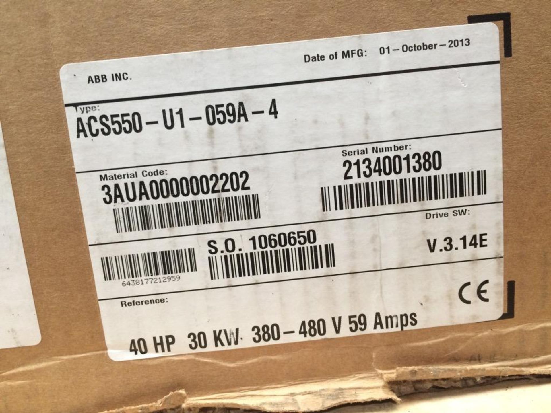 New In Box ABB Model ACS550-01-059A-4 40HP 30KW VFD Variable Frequency Drive. Serial Number 21340013