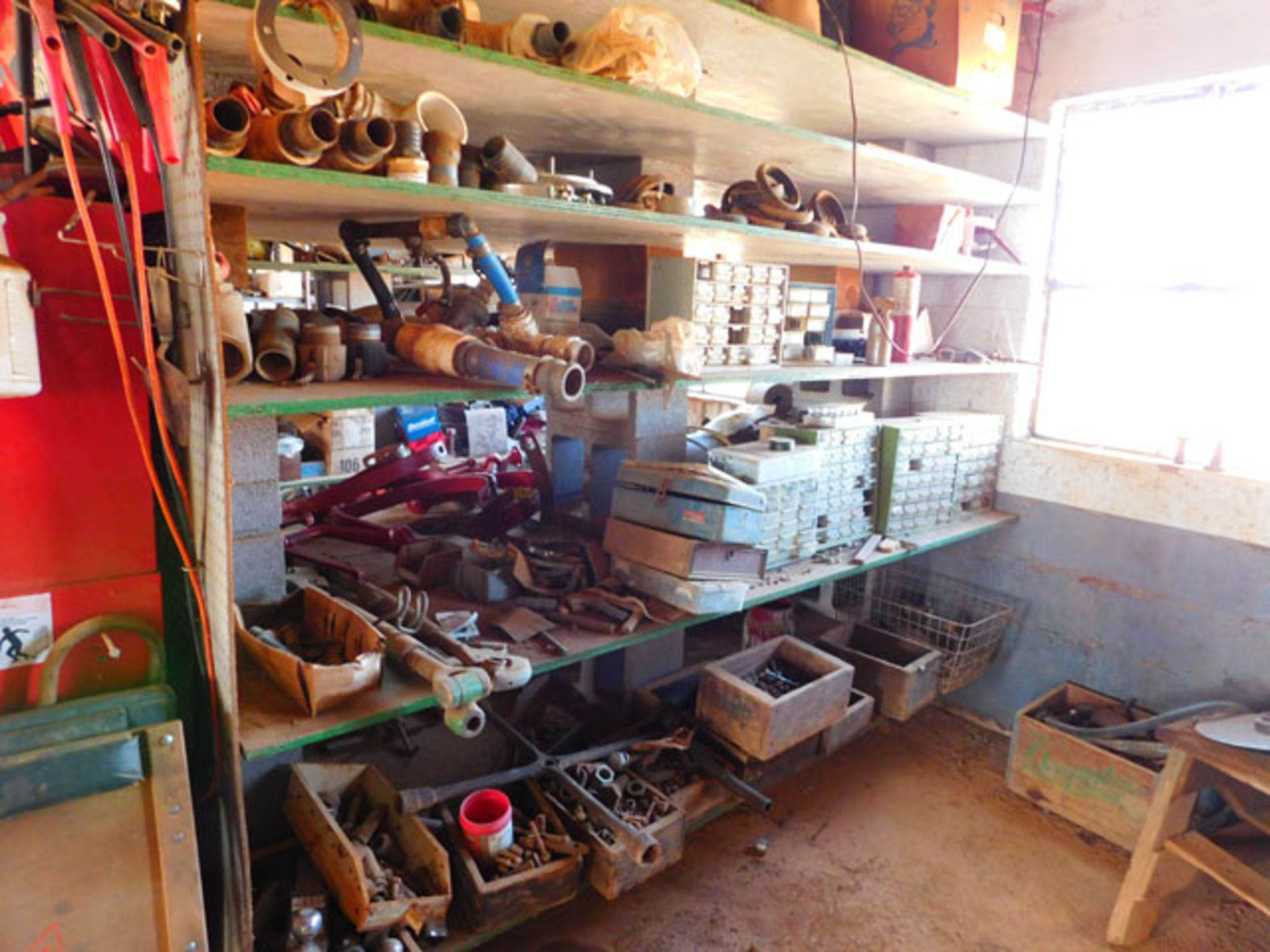 Remaining content of shop barn to include: spare parts, shop tools, shelving, bolt bins, hand tools, - Image 3 of 4