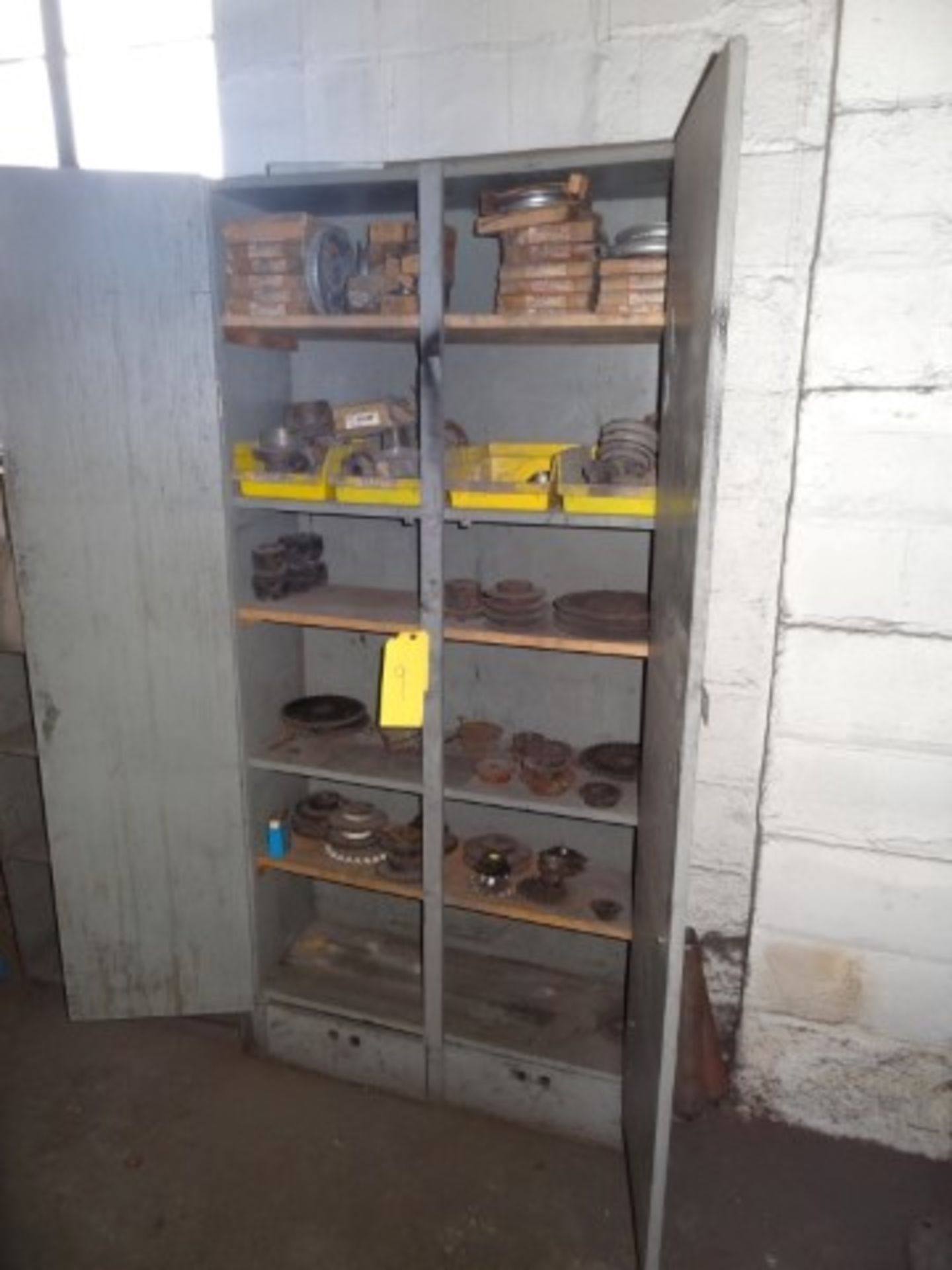 Wooden Storage Cabinet & Contents,Assorted Pulleys, Bearing, Misc.
