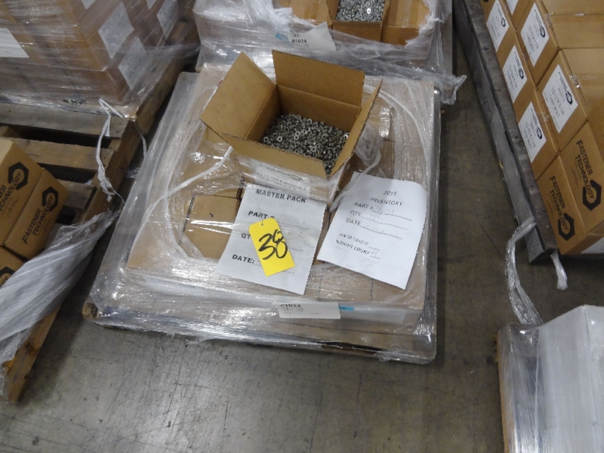 Pallet of New Boxes of 1/4-20 Hex Flange Nut, Special Thread Pitch w/Patch