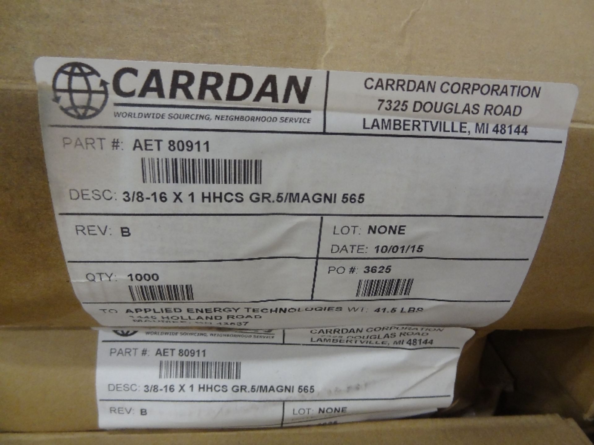 Pallet of new boxes of 3/8-16 x 1'' HHCS Bolts (Carrdan Corporation) - Image 3 of 3