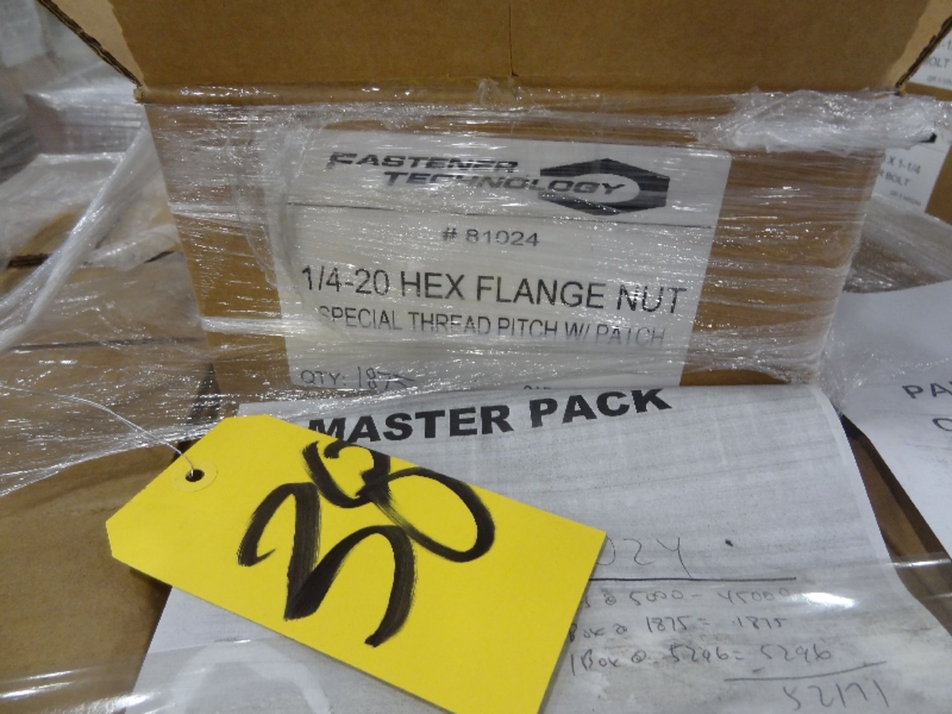Pallet of New Boxes of 1/4-20 Hex Flange Nut, Special Thread Pitch w/Patch - Image 2 of 2