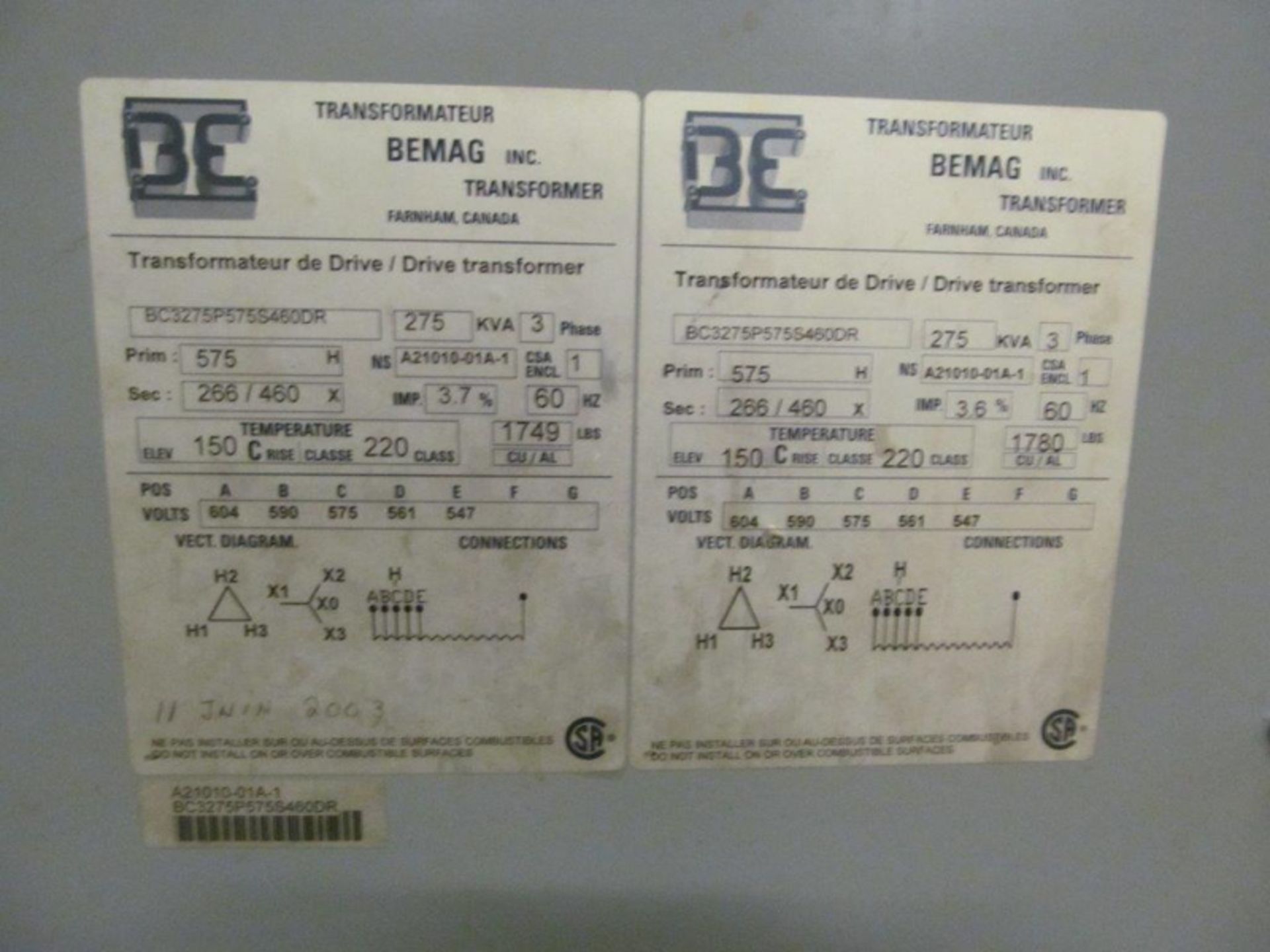 BEMAG TRANSFORMER (DRIVE), 275 KVA, PRIMARY 575V/3PH/60C, SECONDARY 266V/460V/3PH/60C, - Image 2 of 2