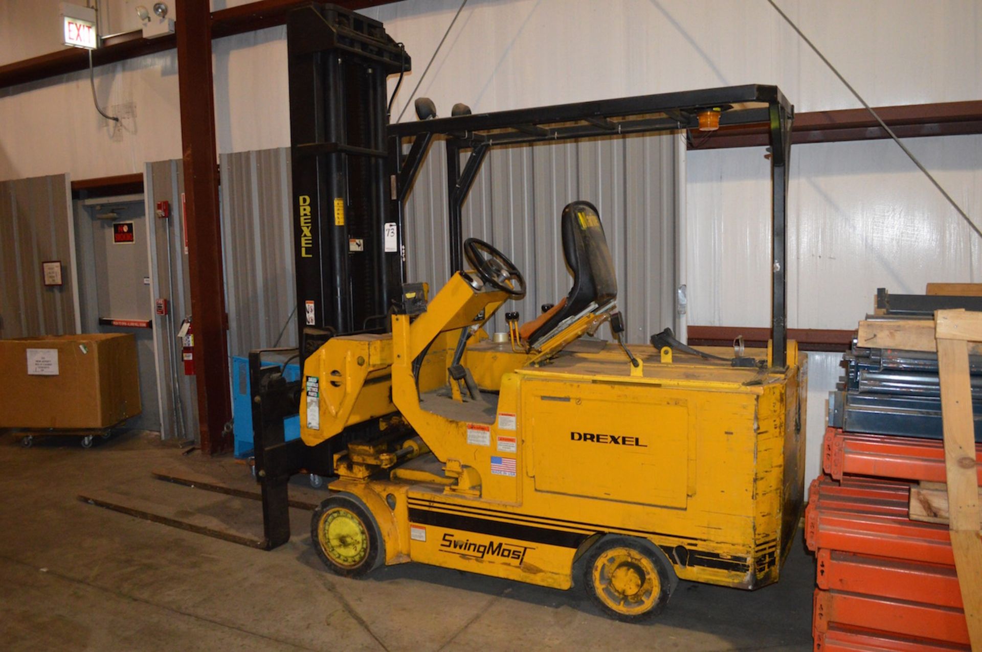 DREXEL 2700 LB. CAP. MODEL SL66 SWING MAST ELECTRIC FORK LIFT TRUCK: S/N 935697-241; 3-Stage Mast;