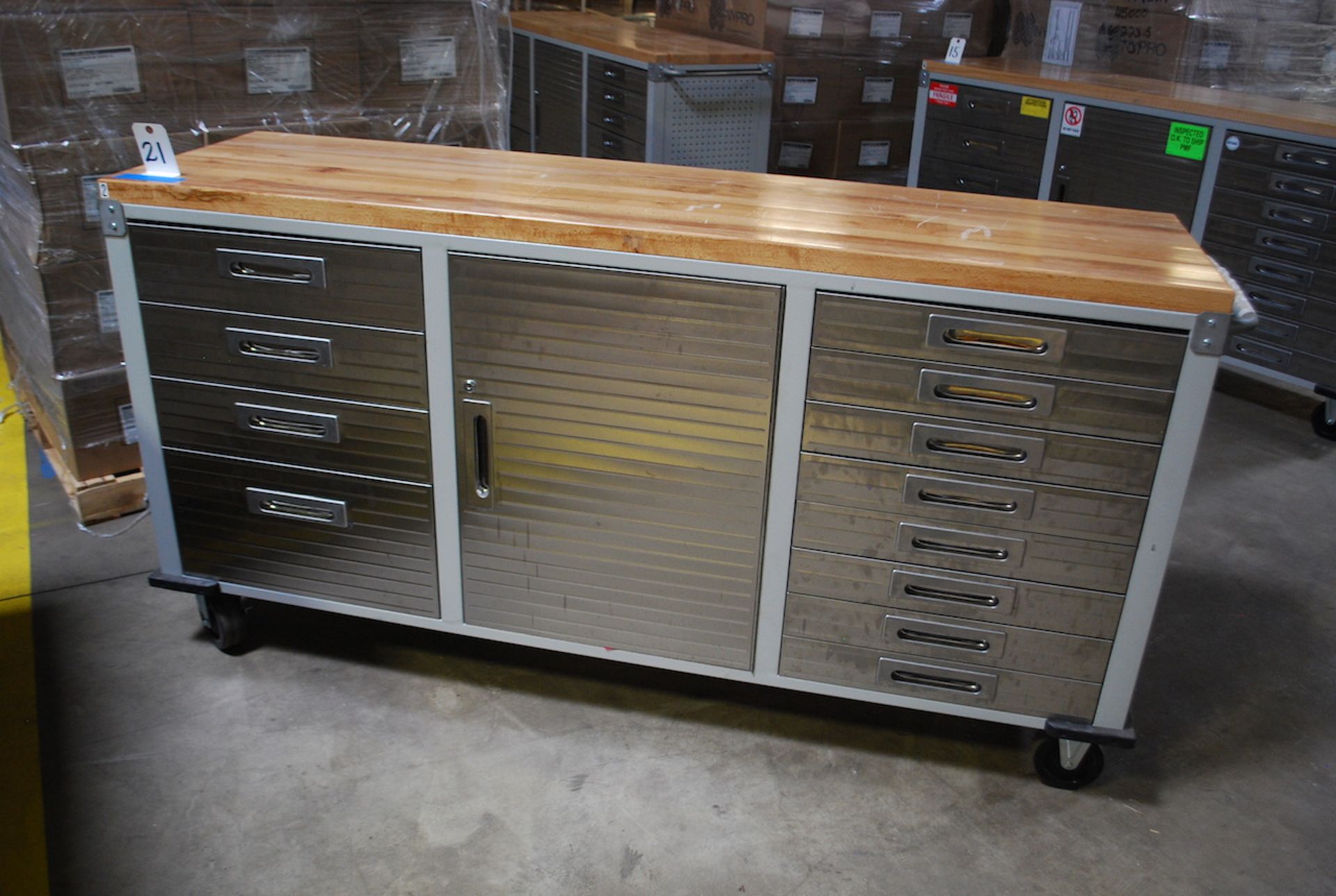 SEVILLE 72" X 19-3/4" MAPLE TOP HEAVY DUTY PORTABLE TOOL STORAGE CABINET; W/Left Side 4-Drawers;