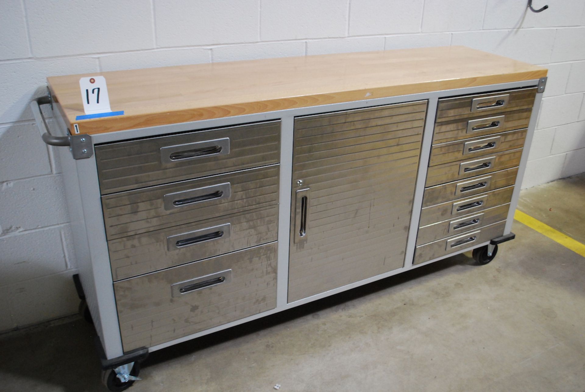 SEVILLE 72" X 19-3/4" MAPLE TOP HEAVY DUTY PORTABLE TOOL STORAGE CABINET; W/Left Side 4-Drawers;