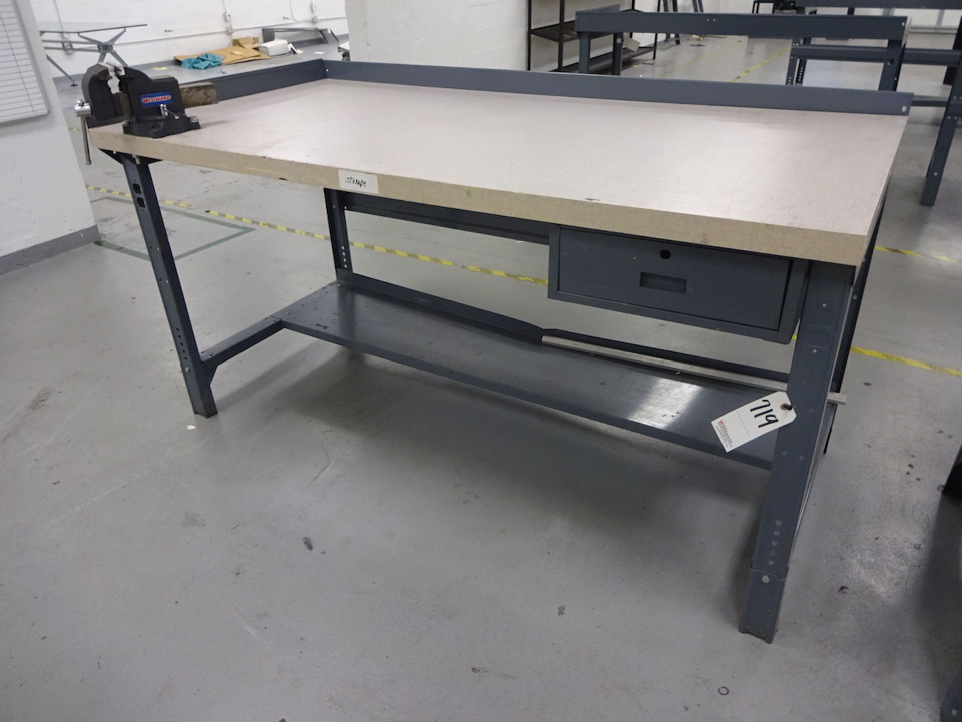 36" X 72" (APPROX.) STEEL WORK BENCH; Wood Top & 4" Westward Vise; Outlets