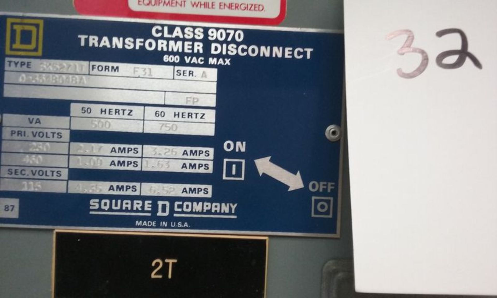 SQUARE D CLASS 9070 TRANSFORMER DISCONNECT - Image 2 of 3