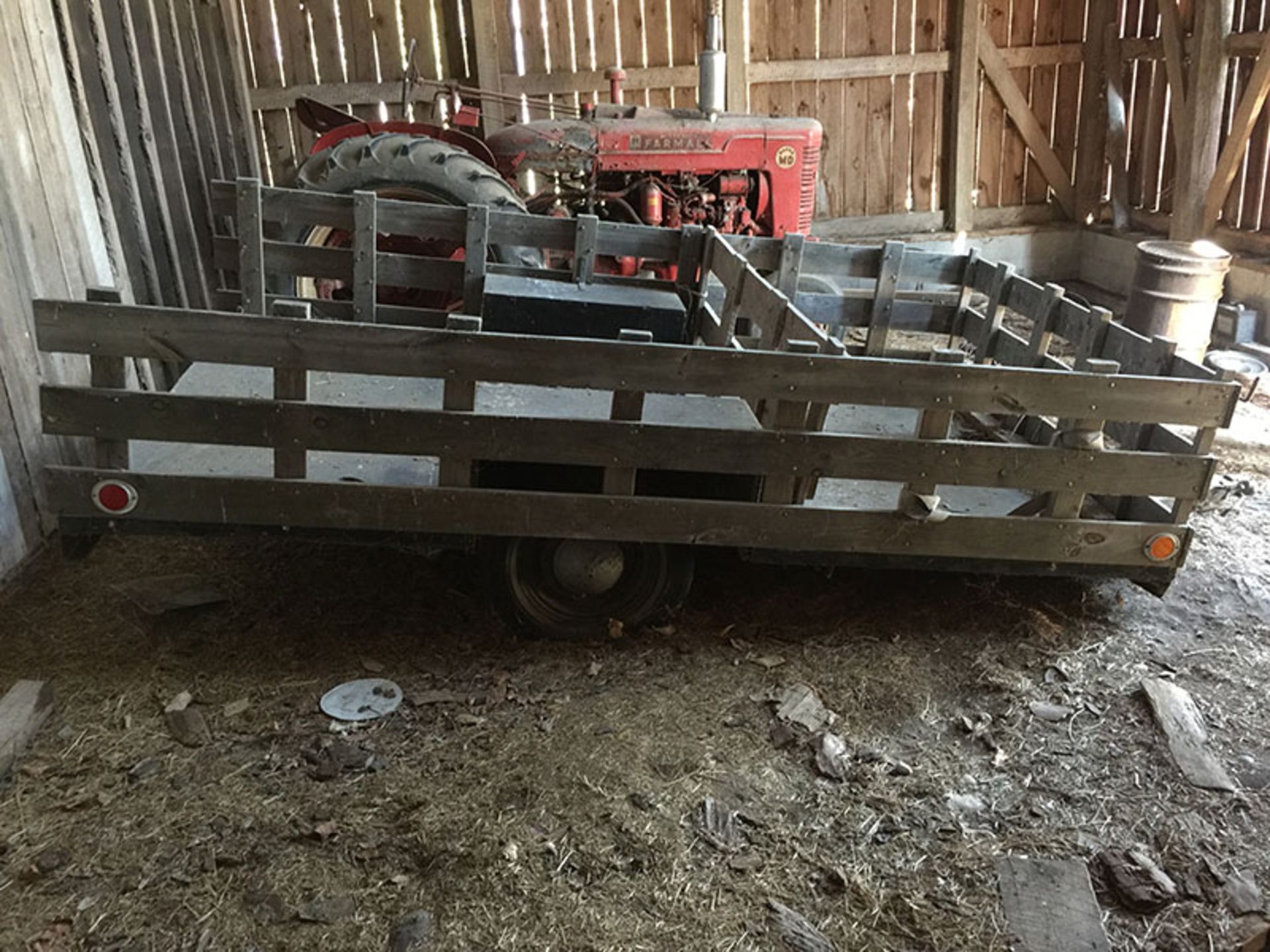 ONE STEEL FRAME TRAILER WITH WOOD RAILINGS & BUILT IN BOX, LOCATION MI, BUYER TO SHIP