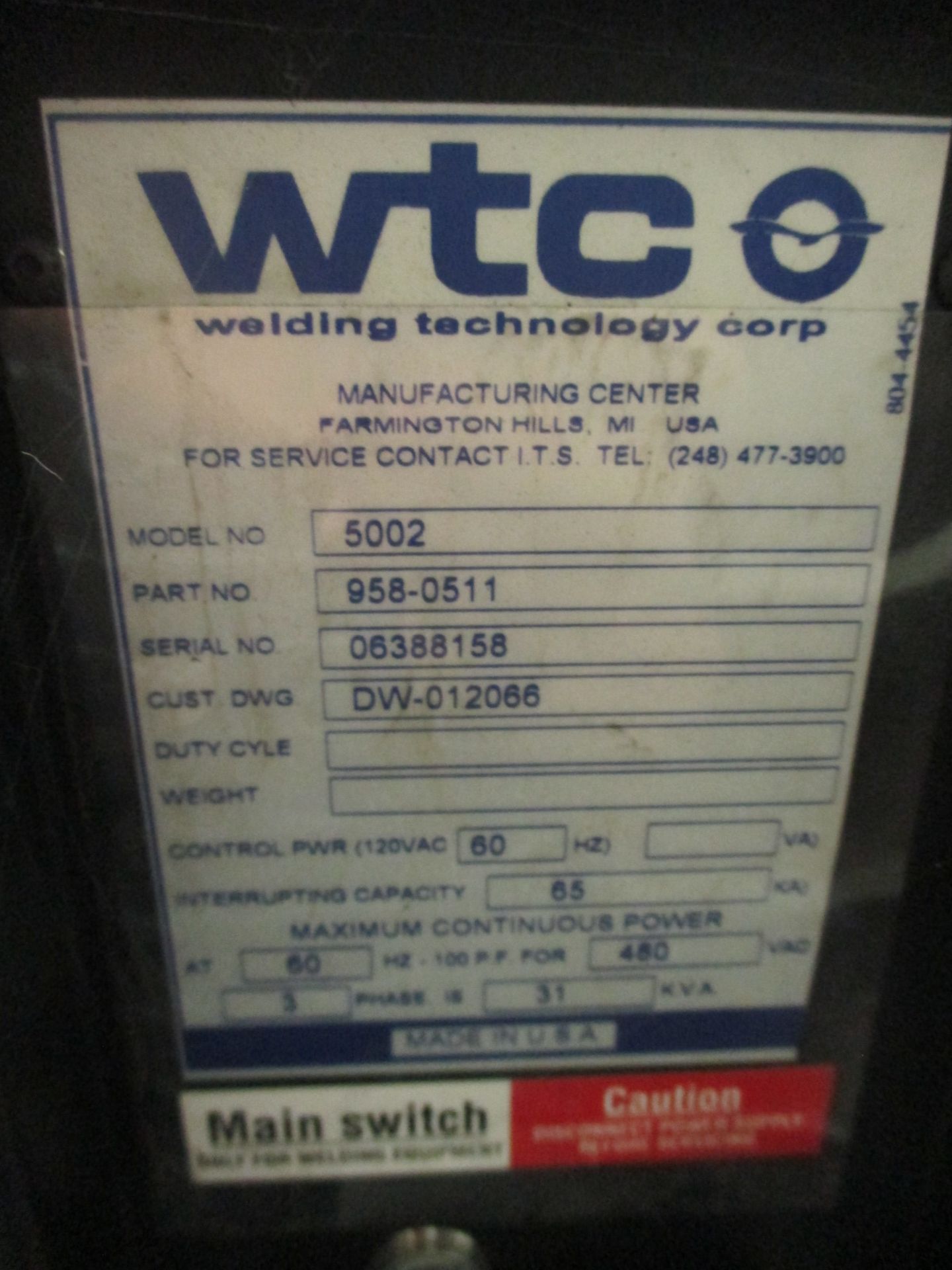 LOT OF 4 WTC MODEL 5002 AIR COOLED WELD CONTROLLERS, 350 AMP, LOCATION MI, BUYER TO SHIP - Image 4 of 4
