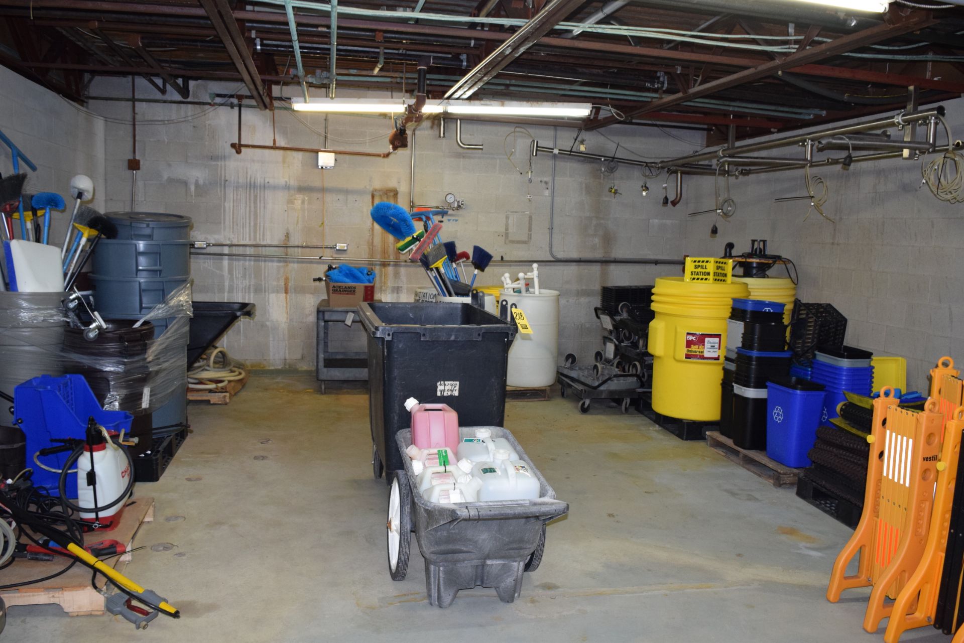 Assorted 4-Wheel Carts, Brooms, Waste Cans, Floor Mats, Buckets, Scoops, etc. Rigging Charge:300