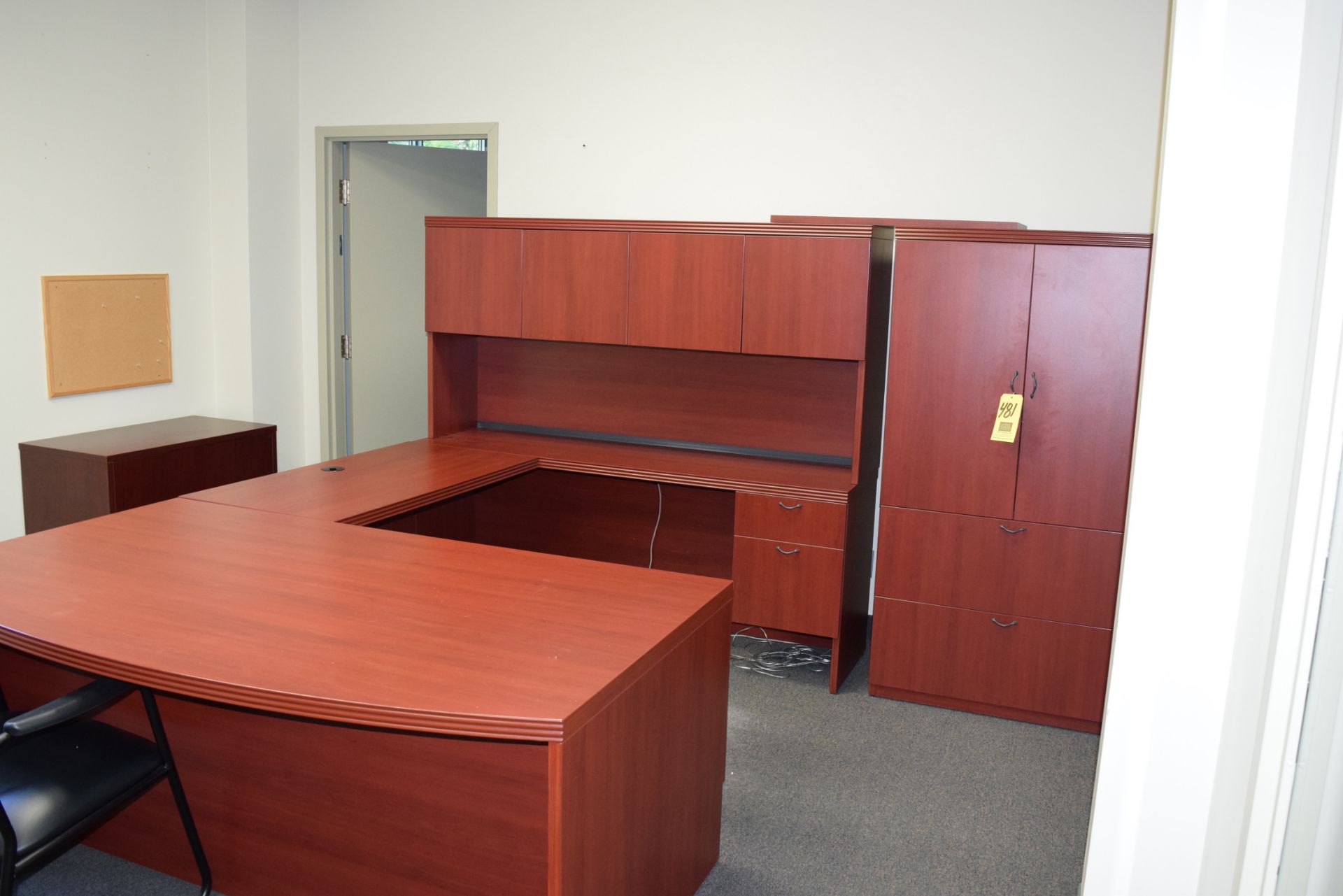 U-Shaped Desk, Book Cases, Lateral File Cabinet, Round Table, and Chair Rigging Charge:250