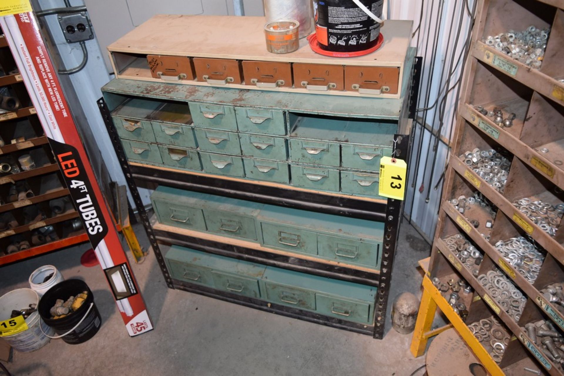 LOT: SINGLE SECTION OF ADJ. RACK W/ASSORTED STORAGE CABINETS & CONTENTS