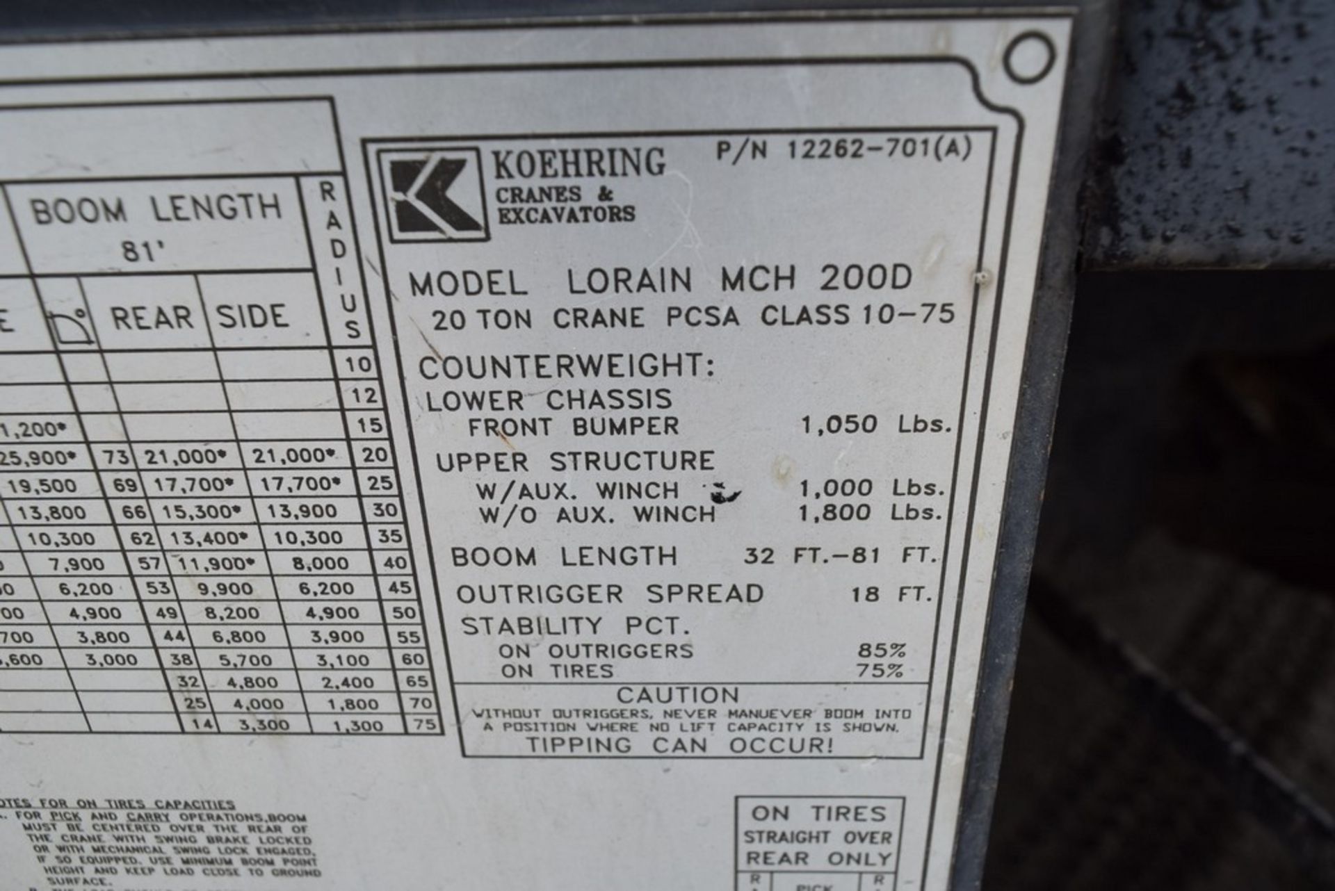 1990 LORAIN KOEHRING 20 TON MCH200D T/A HYDRAULIC TRUCK CRANE S/N: 1990-MCH200D, CATERPILLAR DIESEL, - Image 10 of 13