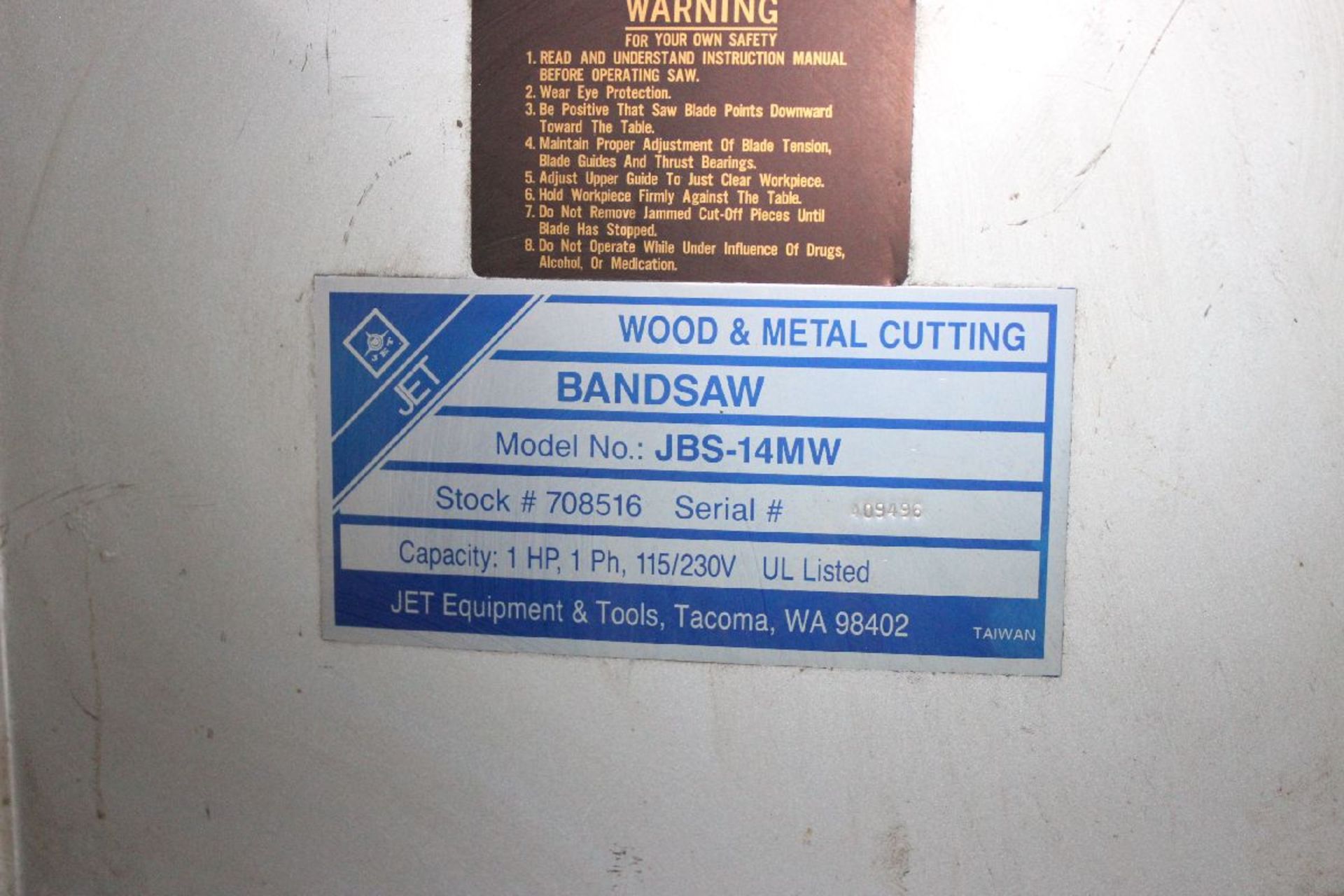 JET MODEL JBS-14MW 14" METAL CUTTING BAND SAW S/N 70851: - Image 2 of 3