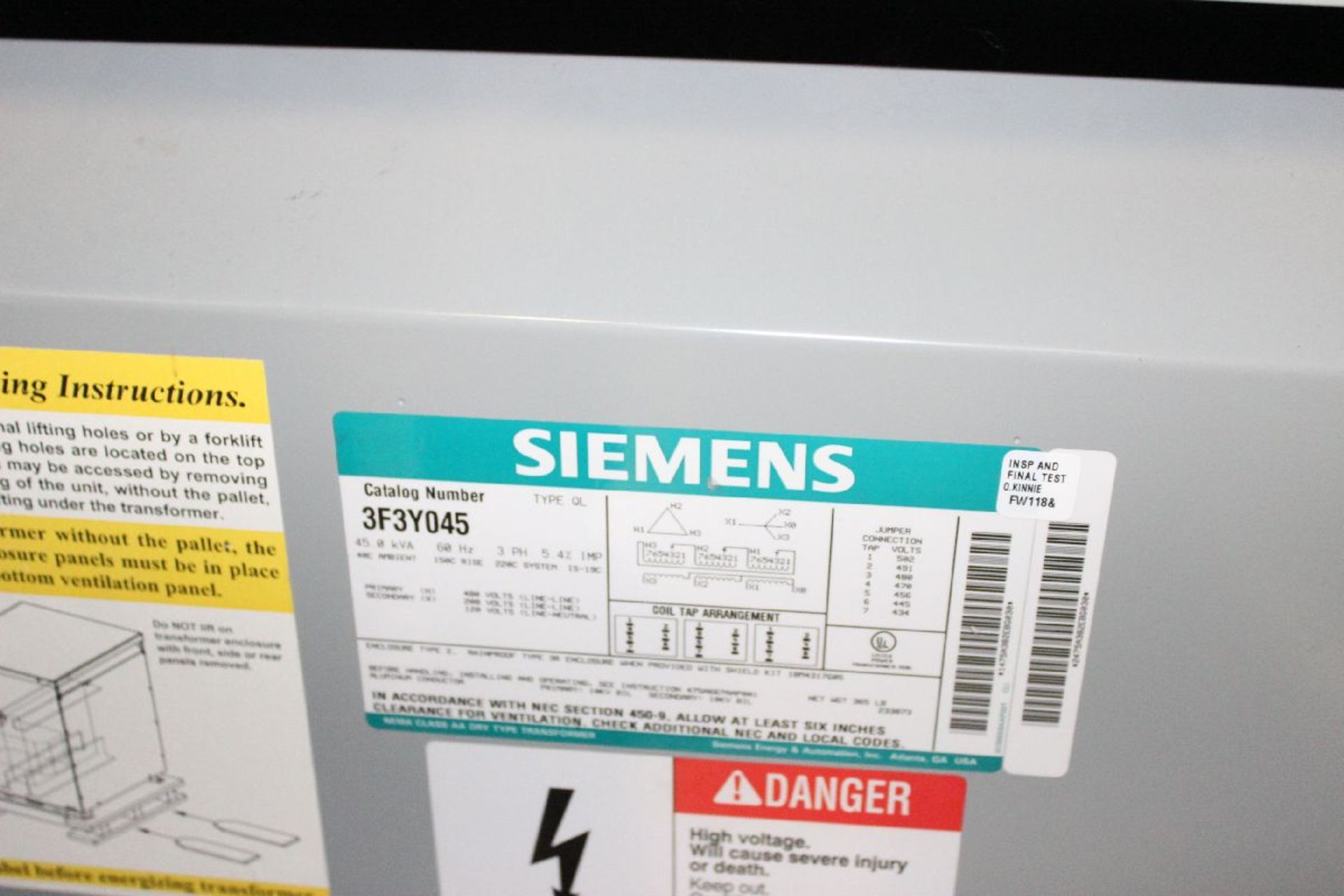 SIEMENS 3-PHASE TRANSFORMER, CAT. NO. 3F3Y045, 45 KVA, 480 HIGH VOLTS, 208 LOW VOLTS-DELAYED - Image 2 of 2