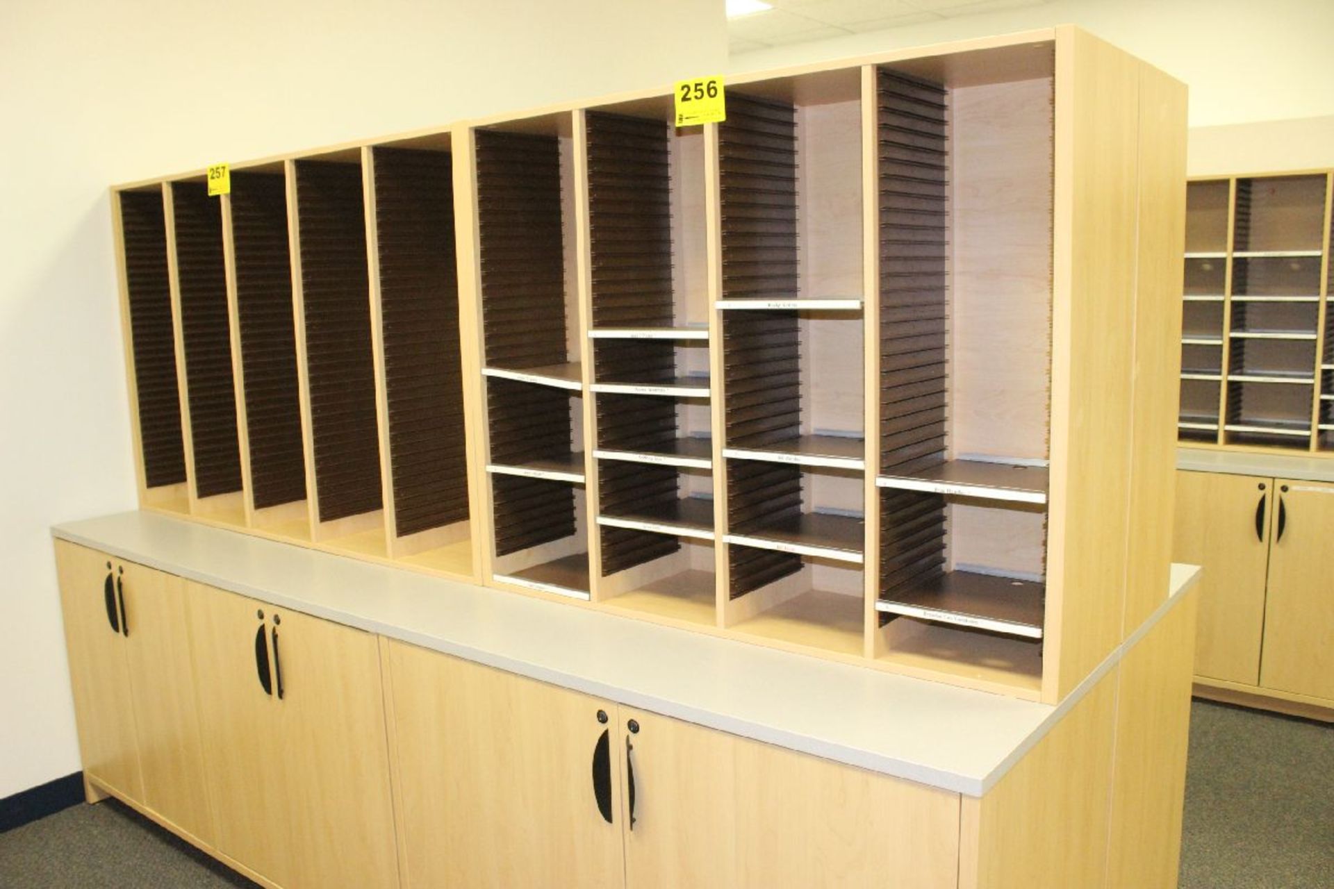 MAIL SORTING STATION WITH CABINET-4' X 2' X 34" AND ADJUSTABLE CUBBY SORTING HUTCH-4' X 13' X 38"