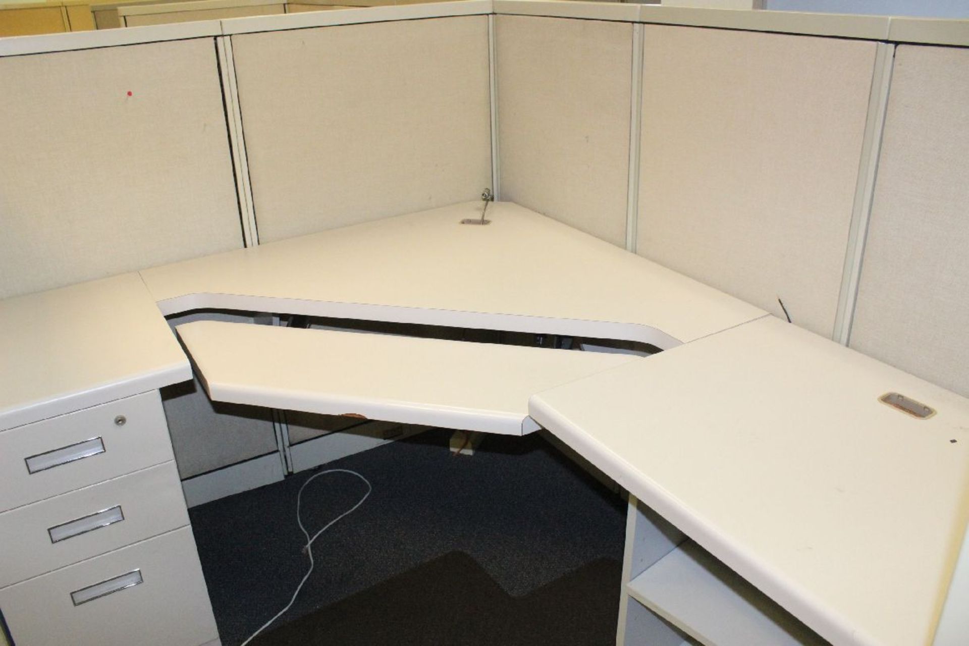 CUBICLE SECTIONS WITH FILE CABINTS AND L-SHAPED WORK AREA WITH ADJUSTABLE KEYBOARD STAND-APPROX. - Image 2 of 2