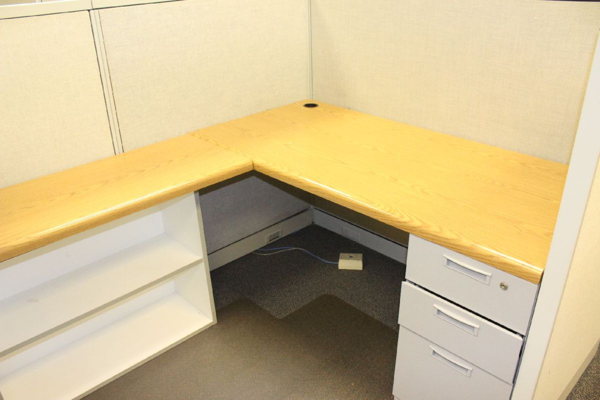CUBICLE SECTIONS WITH FILE CABINTS AND L-SHAPED WORK AREA WITH ADJUSTABLE KEYBOARD STAND-APPROX. - Image 2 of 2