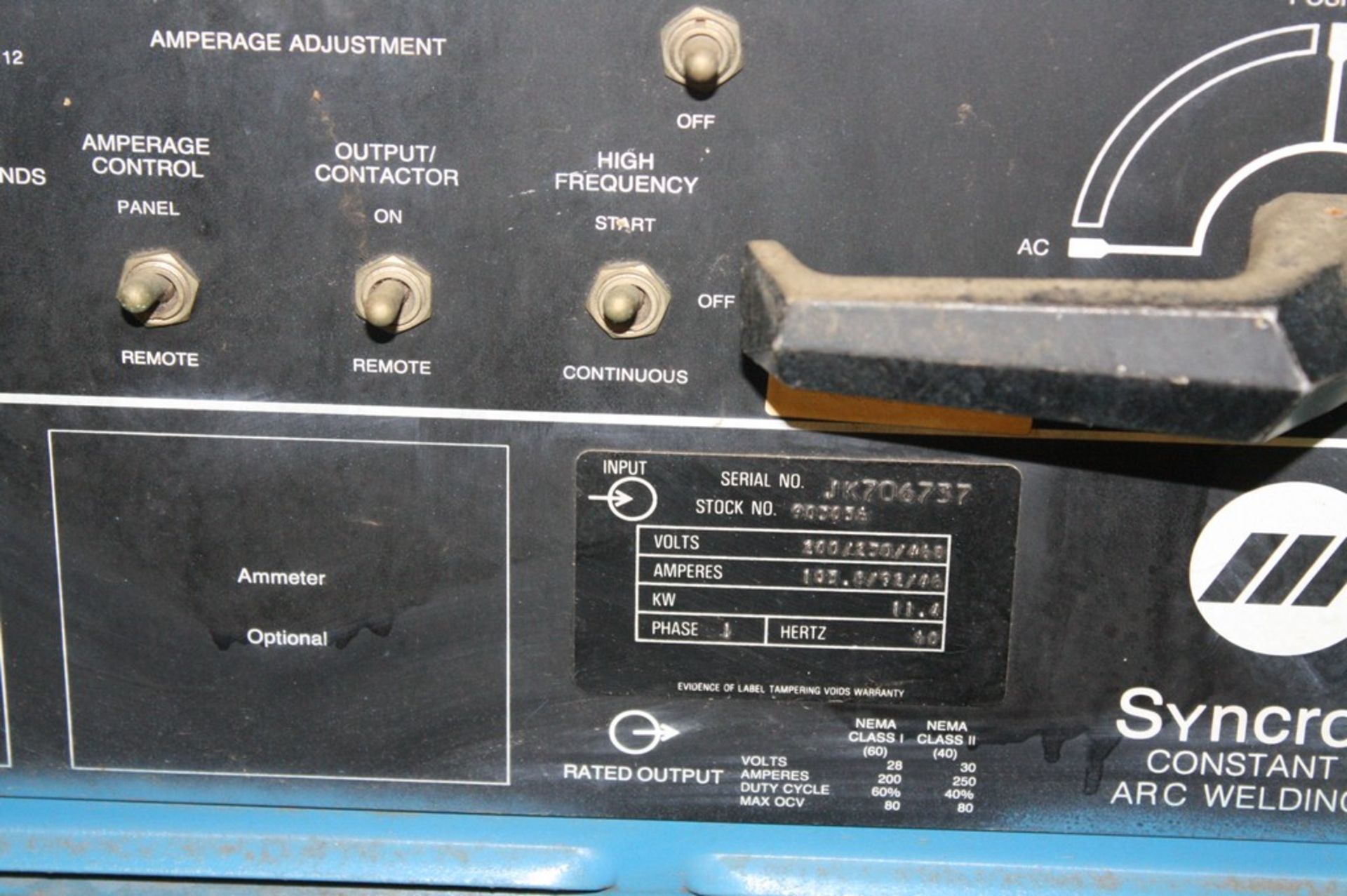 MILLER SYNCROWAVE 250 CC AC/DC WELDING POWER SOURCE S/N JK706737 WITH GAUGES & HOSE, TWECO GUN - Image 3 of 3