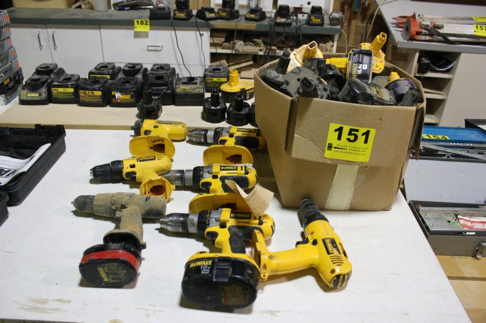 LOT ASSORTED DEWALT DRILLS, BATTERIES, AND CHARGERS