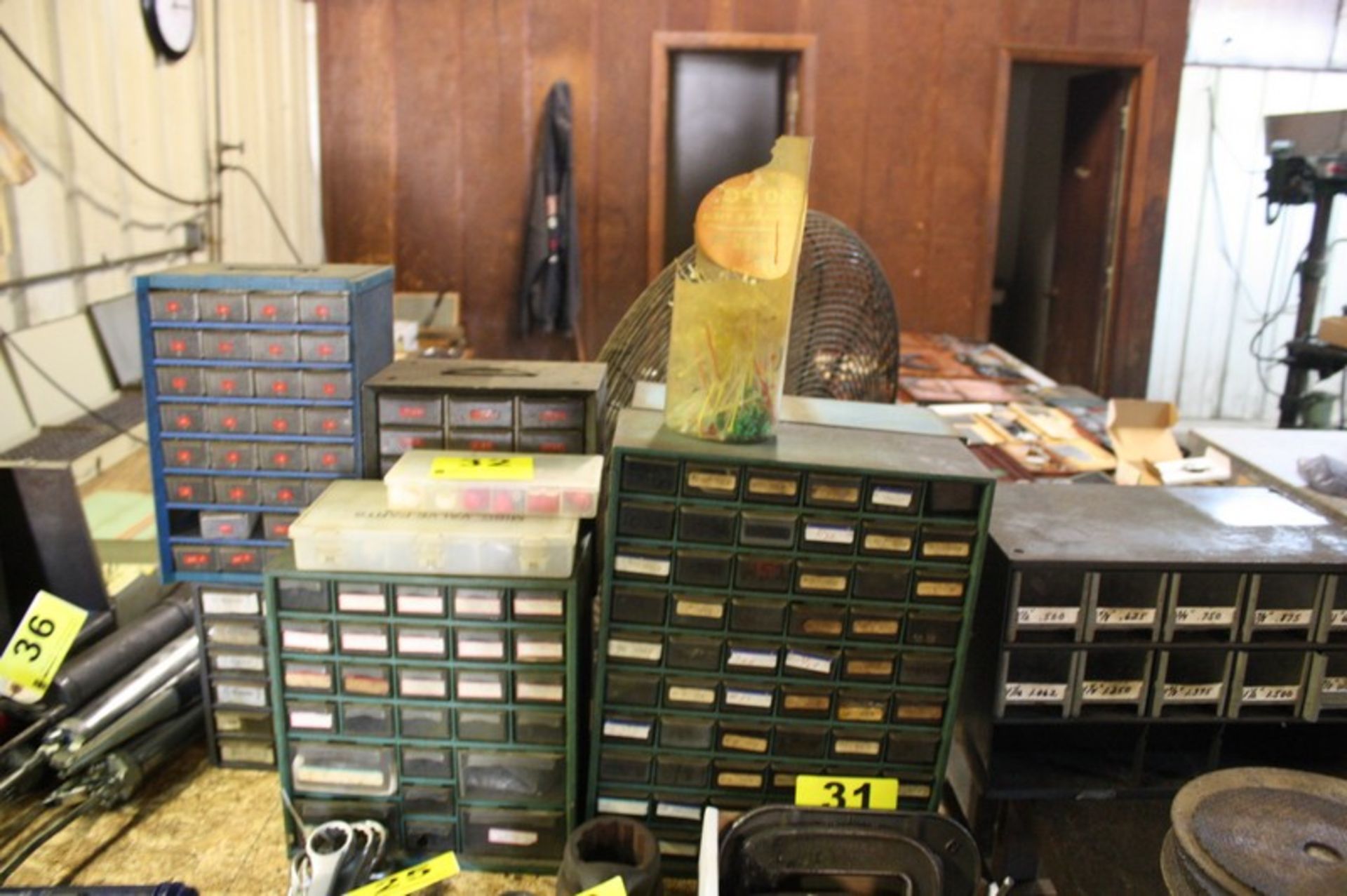 ASSORTED SMALL PARTS BINS CABINETS AND CONTENTS