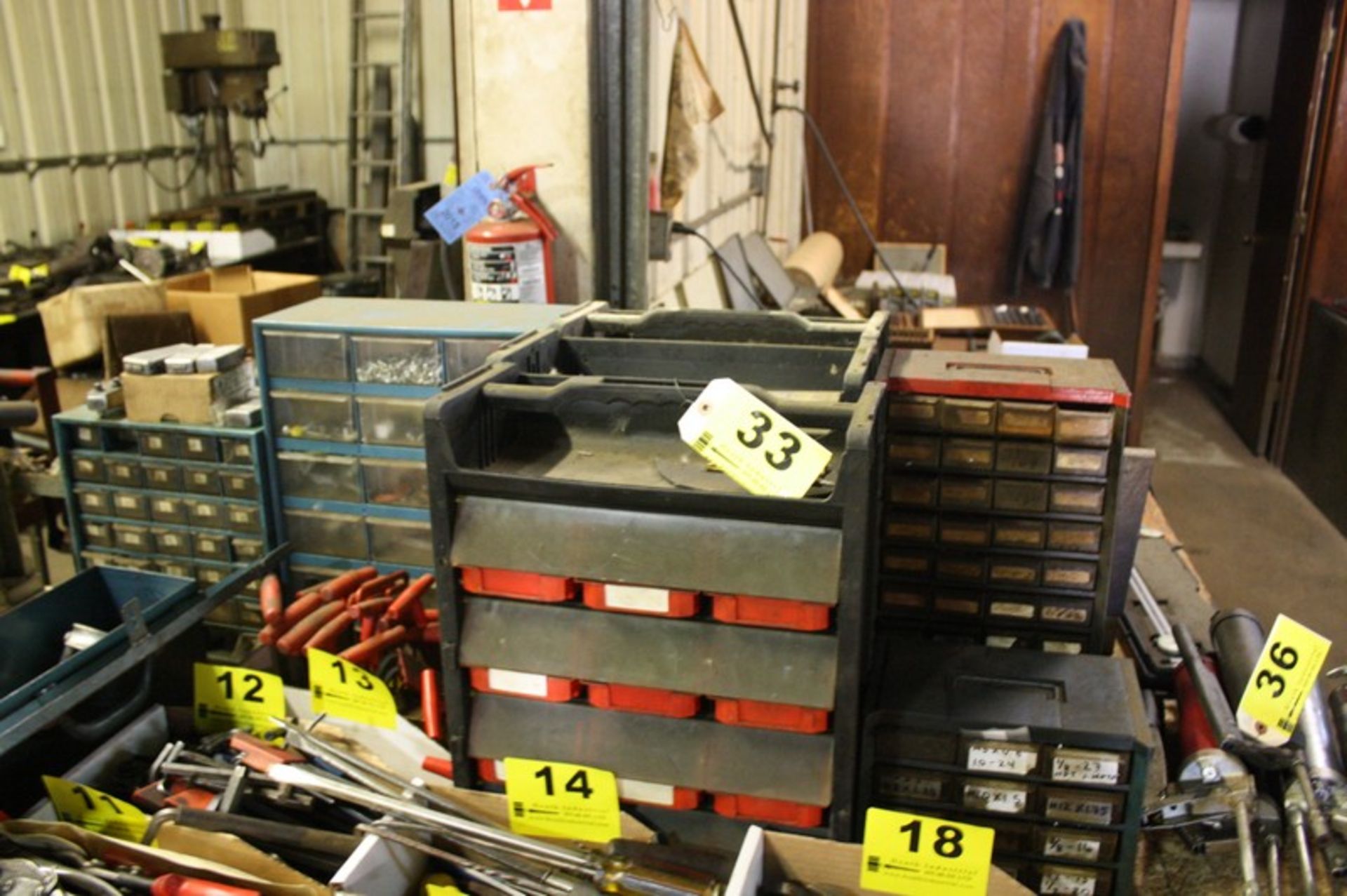 ASSORTED SMALL PARTS BINS CABINETS AND CONTENTS