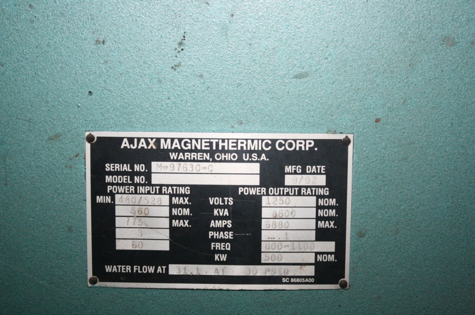 AJAX MAGNETHERMIC 500 KW 1 KHZ PACER INTEGRAL FIBEROPTIC POWER SUPPLY S/N M-97630-C W/1-TON AND 1/ - Image 4 of 6