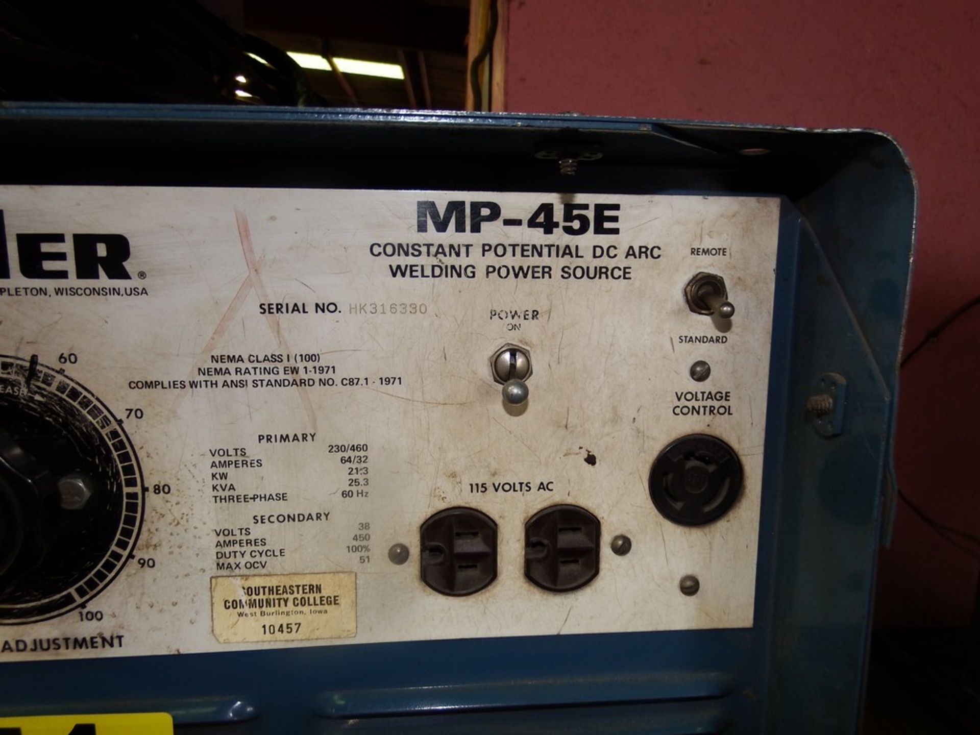 MILLER MODEL MP-45E 450 AMP CONSTANT PENTIAL DC ARC WELDING POWER POWER SOURCE, WITH MODEL HE-6 - Image 3 of 5