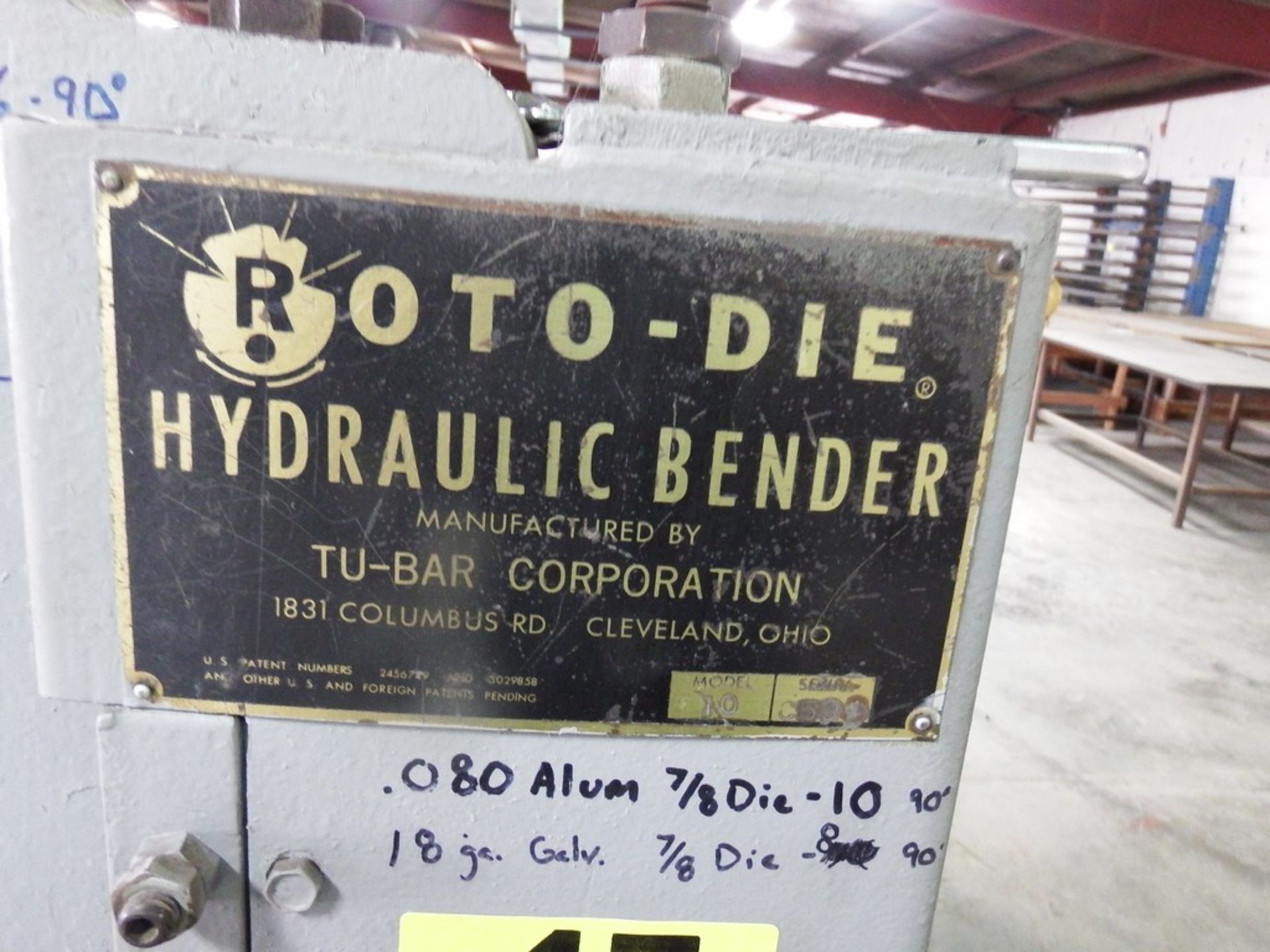 ROTO-DIE 16 GAUGE X 10’ MODEL 10 HYDRAULIC BENDER, S/N C594 - Image 9 of 9