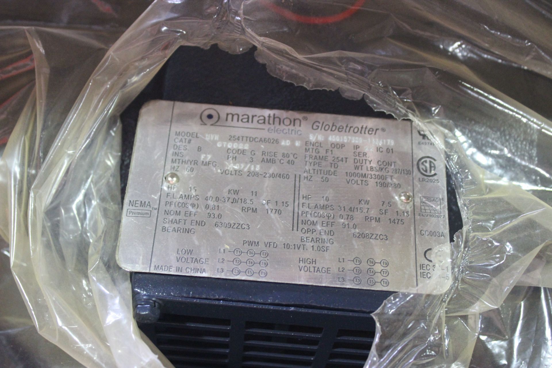 MARATHON MODEL 254TTDCA5026. 15-HP ELECTRIC MOTOR, VOLTS 208-230/460. RPM 1,725 - Image 2 of 2