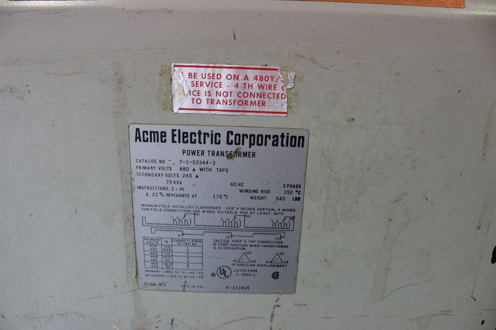 ACME ELECTRIC, CAT NO. T-1A-53344-3 TRANSFORMER, 75 KVA, 480 PRIMARY VOLTS, 240 SECONDARY VOLTS, 3- - Image 2 of 2