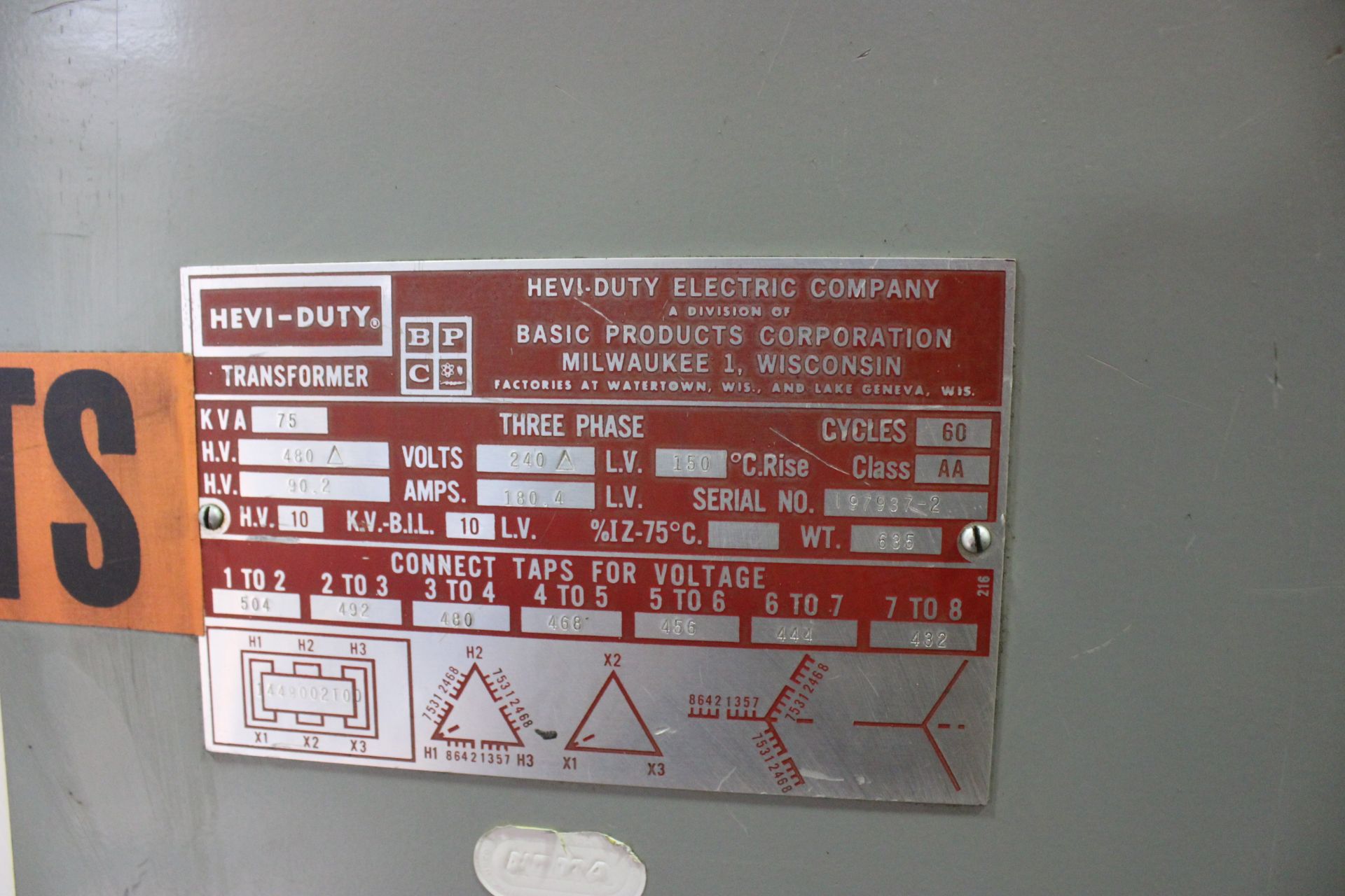 HEVI-DUTY TRANSFORMER, S/N 197937-2, 75 KVA, 480 HIGH VOLTS, 240 LOW VOLTS, 3-PHASE - Image 2 of 2