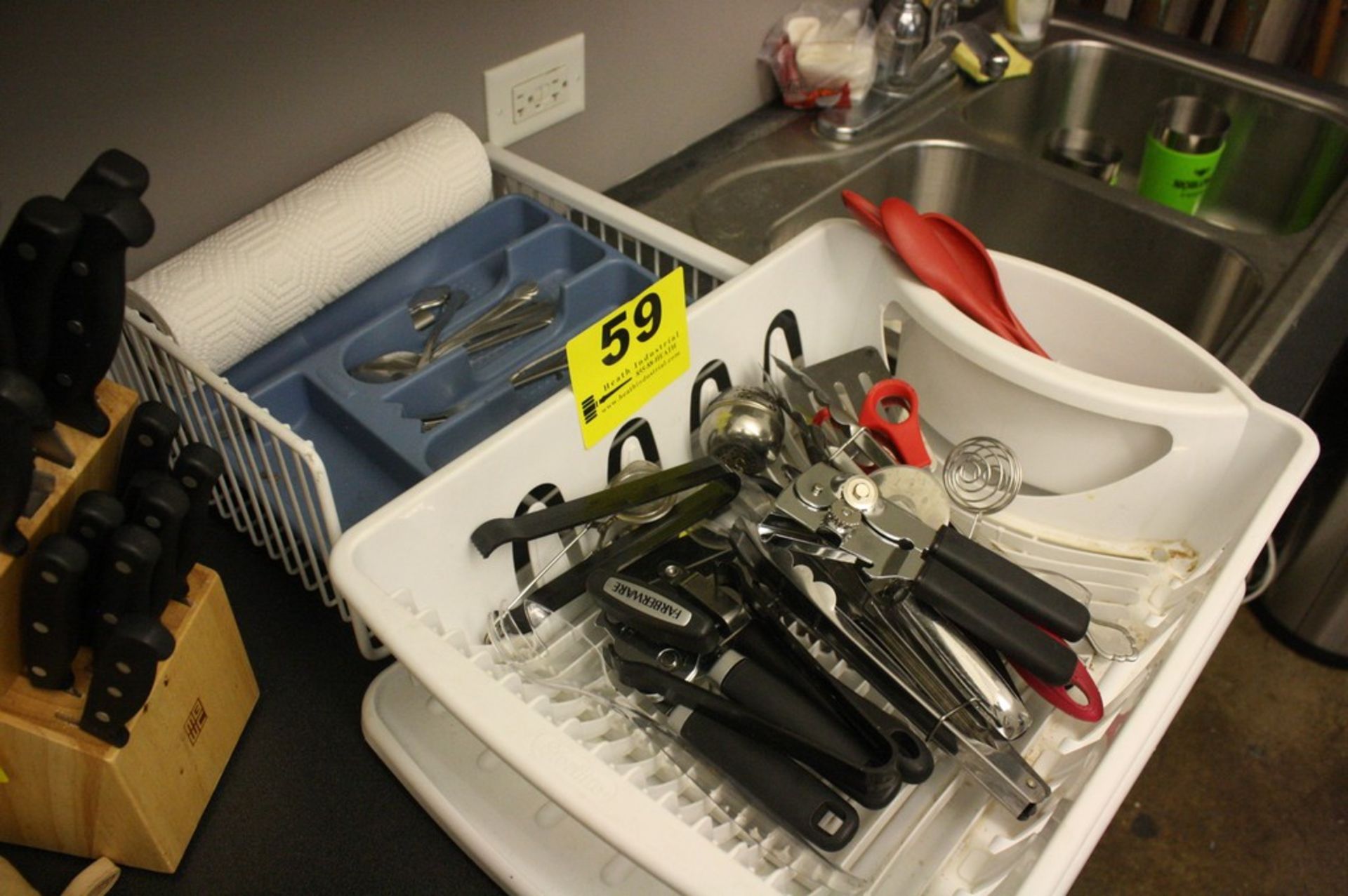 DISH RACK AND ASSORTED UTENSILS