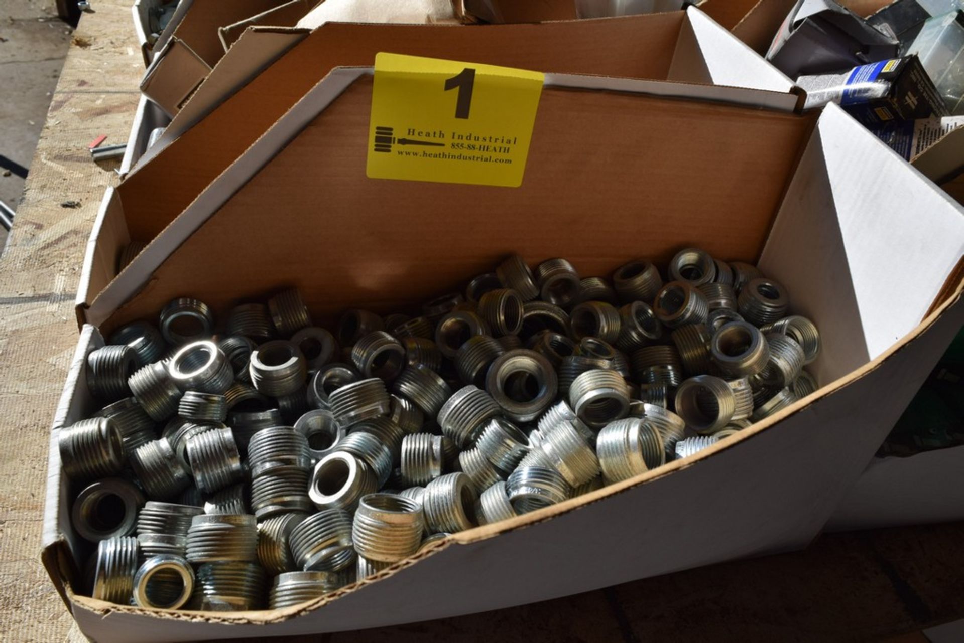 BOXES OF ASSORTED HARDWARE, INCLUDING REDUCE BUSHINGS, WASHERS, TOGGLE BOLTS, FASTENERS, ETC.