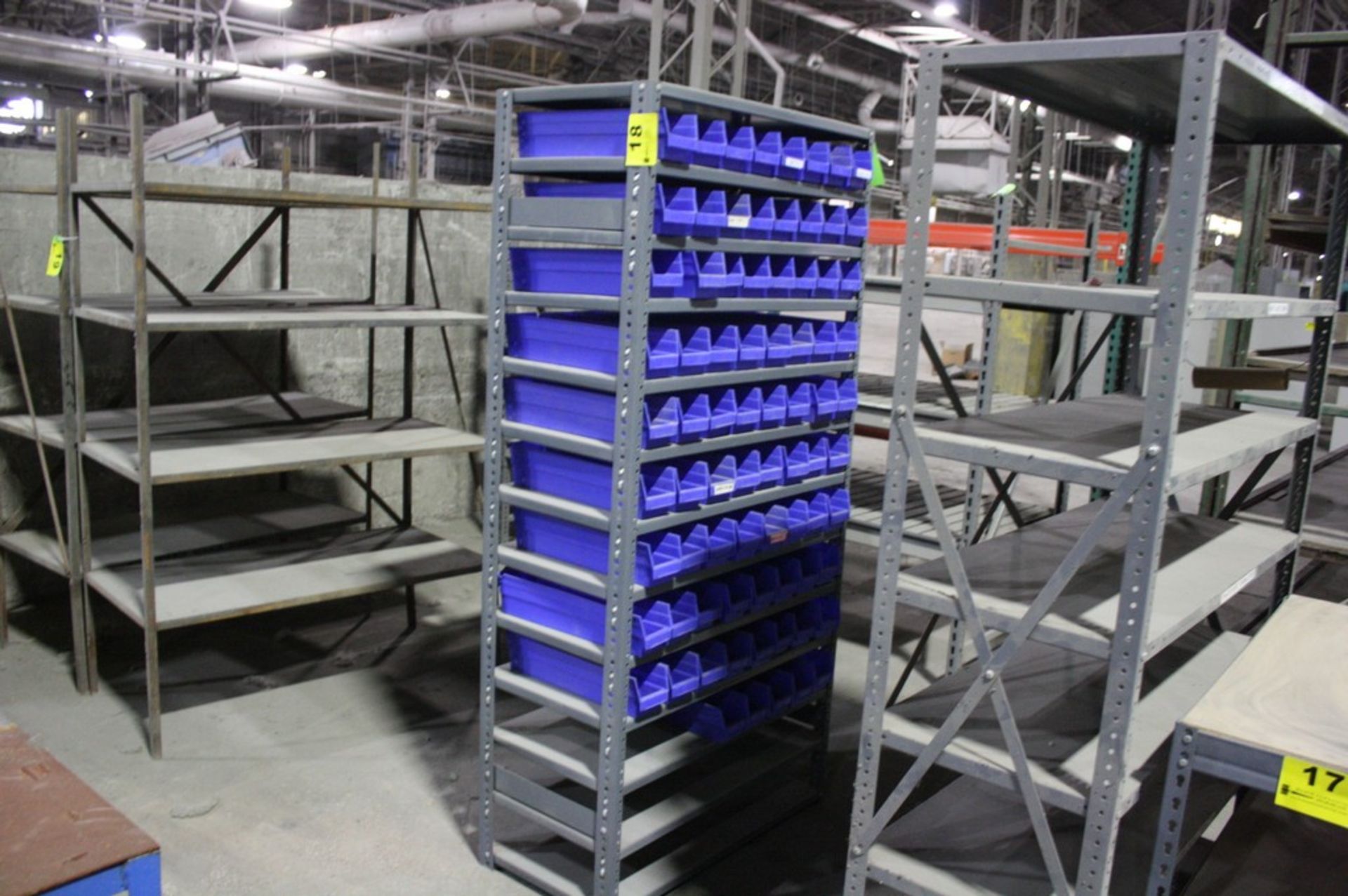 STEEL SHELVING UNIT WITH PLASTIC STORAGE BINS