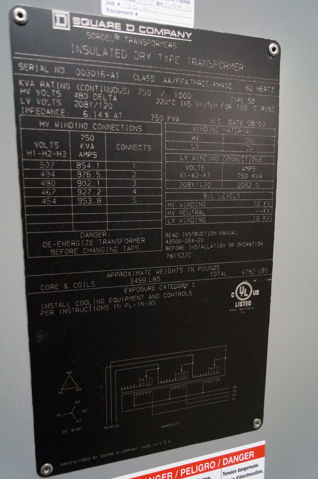 750 KVA SQUARE D SORGEL, 3 PHASE INSULATED TRANSFORMER, CLASS AA-FFA, WT 4800LBS, HZ 60, TYPE SO, - Image 3 of 4