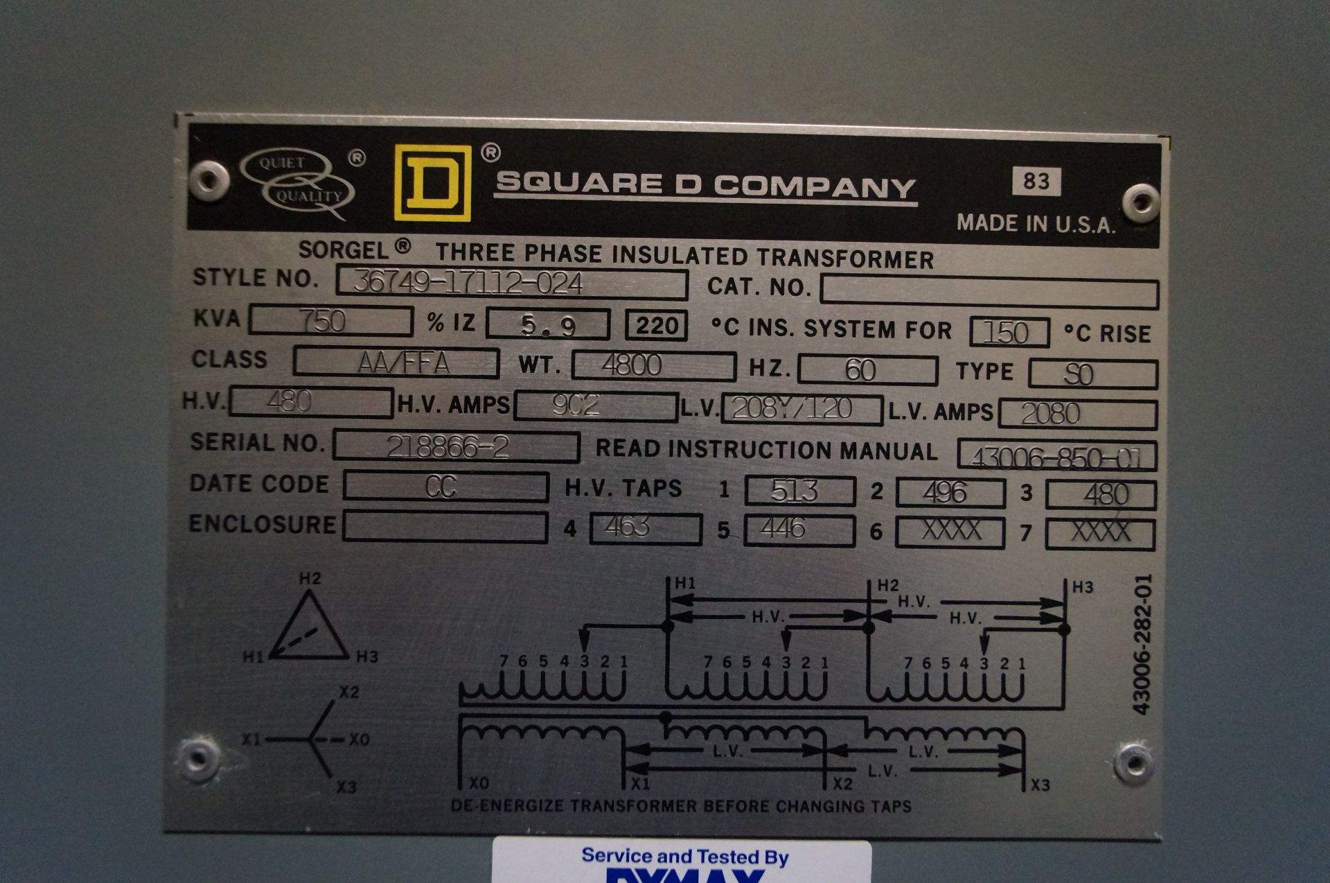 750 KVA SQUARE D SORGEL, 3 PHASE INSULATED TRANSFORMER, CLASS AA-FFA, WT 4800LBS, HZ 60, TYPE SO, - Image 3 of 3