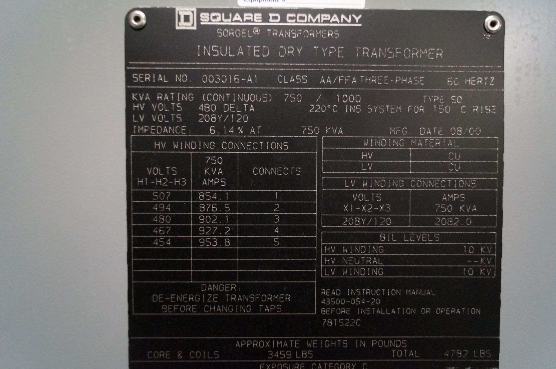 750 KVA SQUARE D SORGEL, 3 PHASE INSULATED TRANSFORMER, CLASS AA-FFA, WT 4800LBS, HZ 60, TYPE SO, - Image 4 of 4