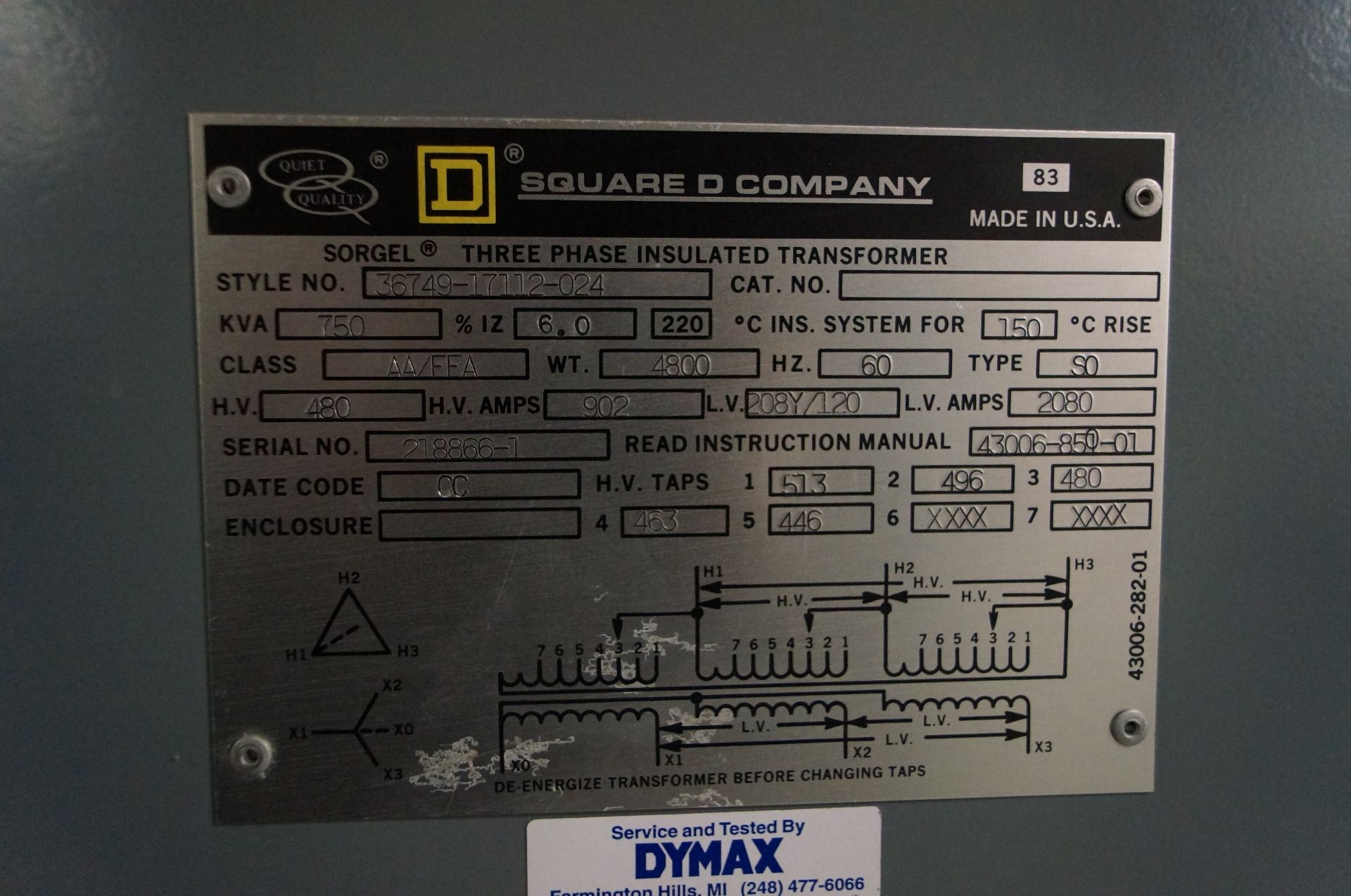 750 KVA SQUARE D SORGEL, 3 PHASE INSULATED TRANSFORMER, CLASS AA-FFA, WT 4800LBS, HZ 60, TYPE SO, - Image 3 of 3