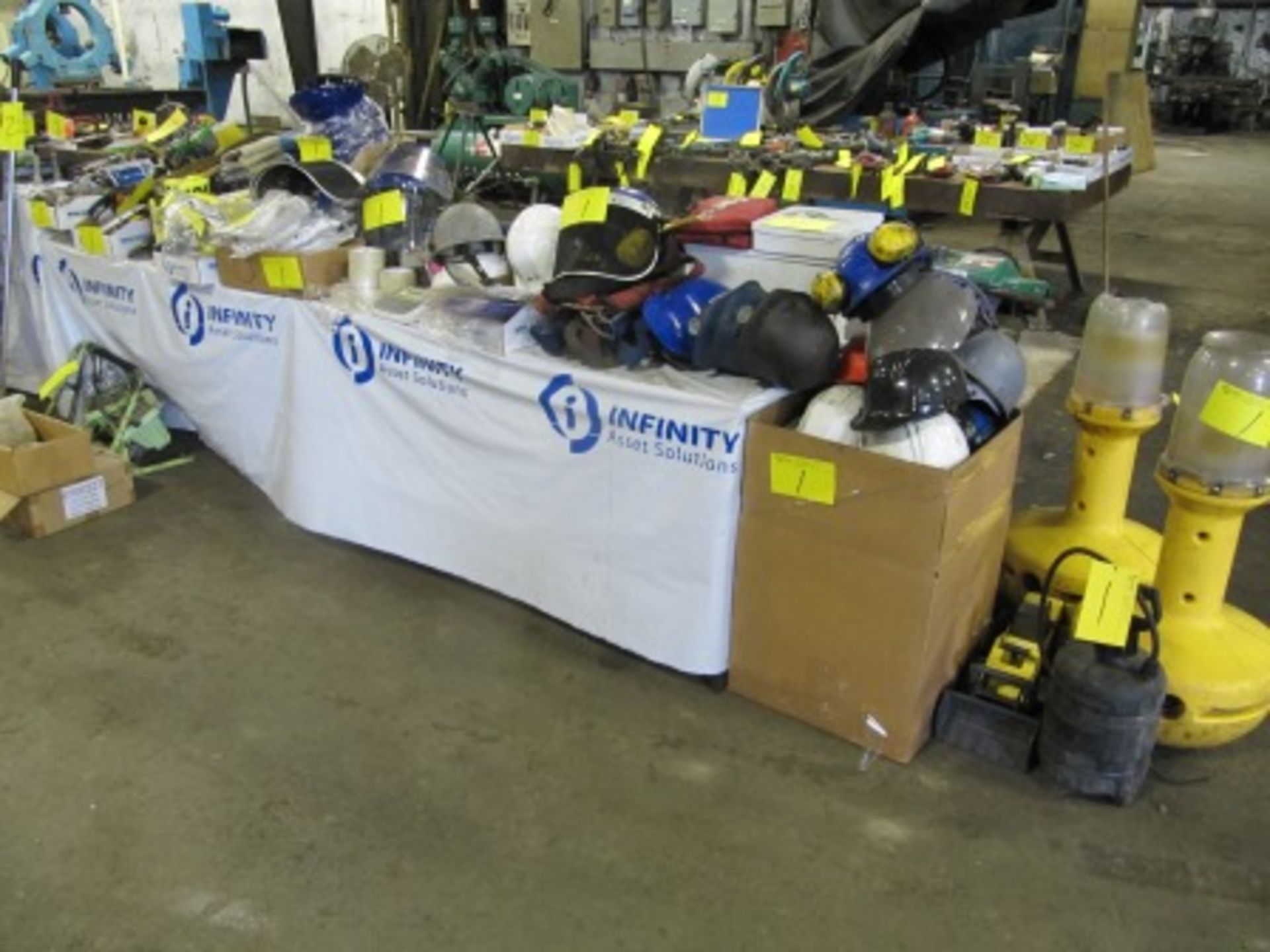 LOT ASST. SAFETY SUPPLIES, HARD HATS, HALOGEN LIGHTS, DESKS, ETC.