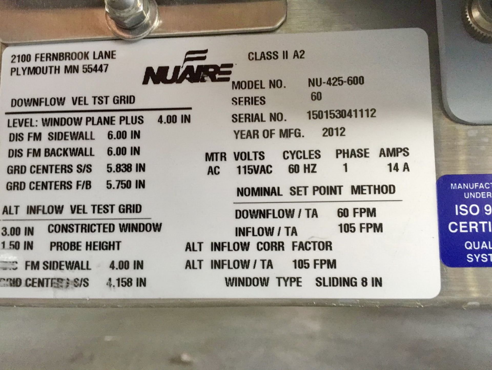 Nuaire Stainless Steel Fume Hood Class II, A2, Model 425-600, S/N 150153041112 - Image 8 of 8