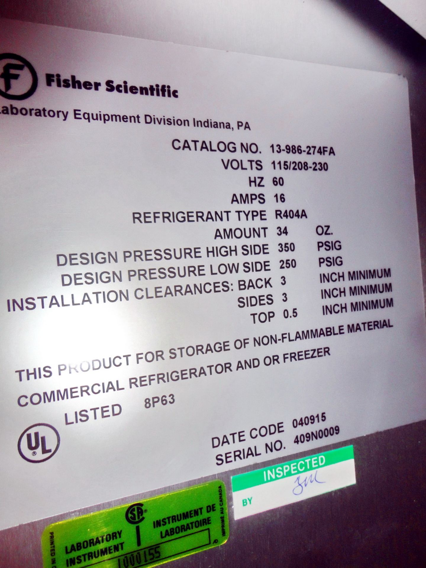 (1) Fisher Scientific 3 Door SS Laboratory Freezer, Model Isotemp 13-986-274FA, S/N 409N0009 - Image 2 of 2