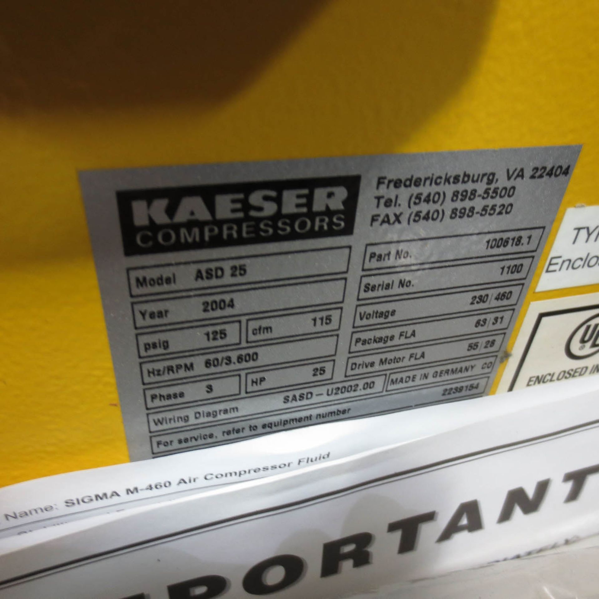 KAESER MDL. ASD 25 AIR COMPRESSOR, 125 PSIG, 115 CFM, 3 PH, 25 HP, 230/460 V, S/N:1100 (2004) - Image 3 of 3