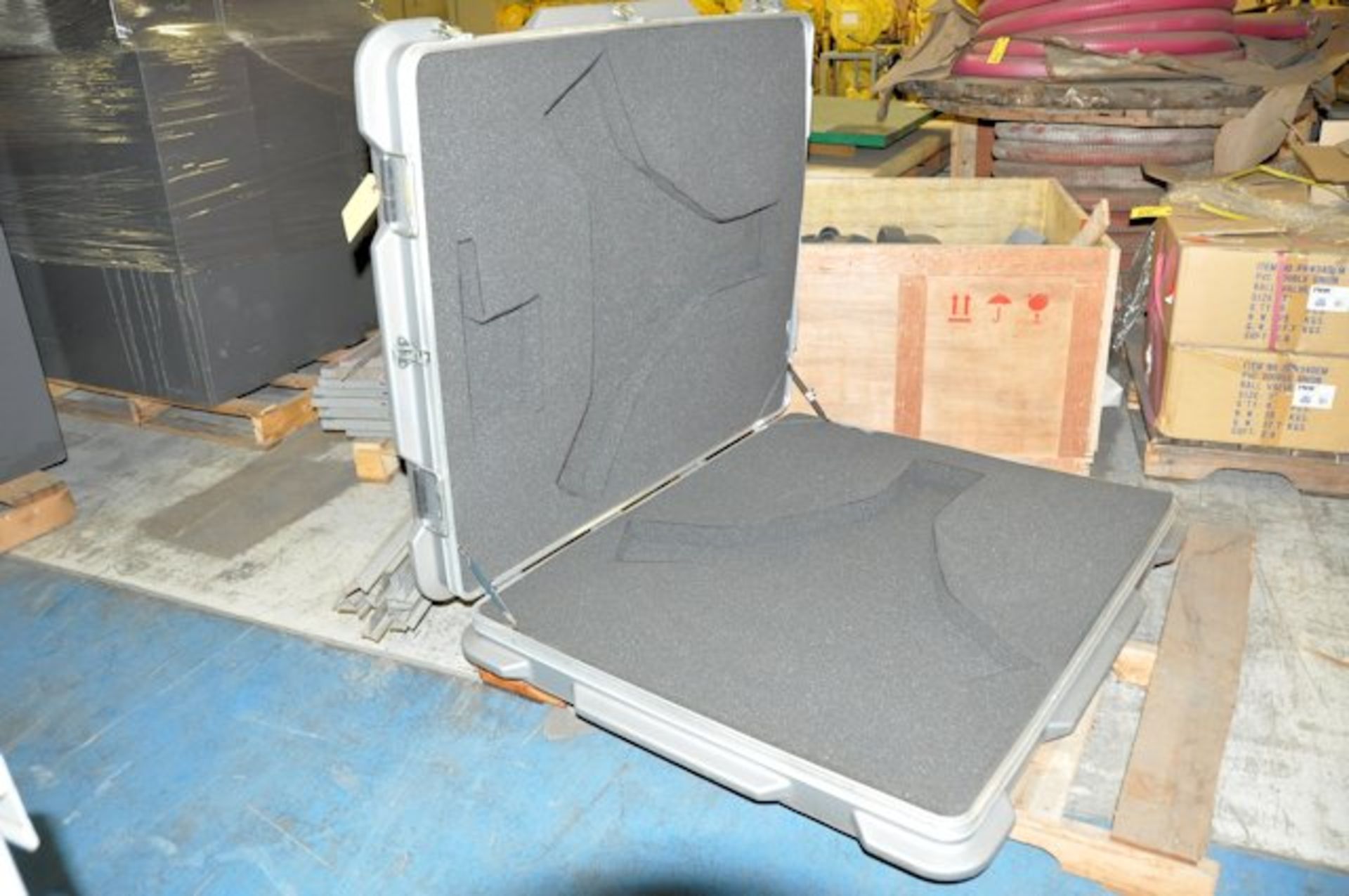 LOT OF SHELVING PARTS & EXTRA LARGE TRAVEL STORAGE CASE ON [2] PALLETS WITH DOLLIE COMPONENTS